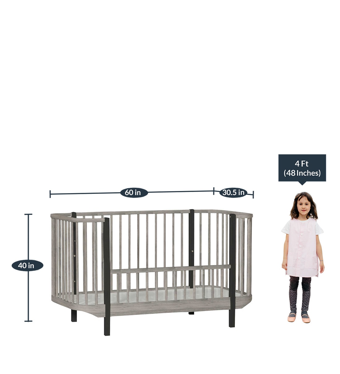 Buy Solid Wood Crib in Grey Colour with Convertible Bed Online Cribs