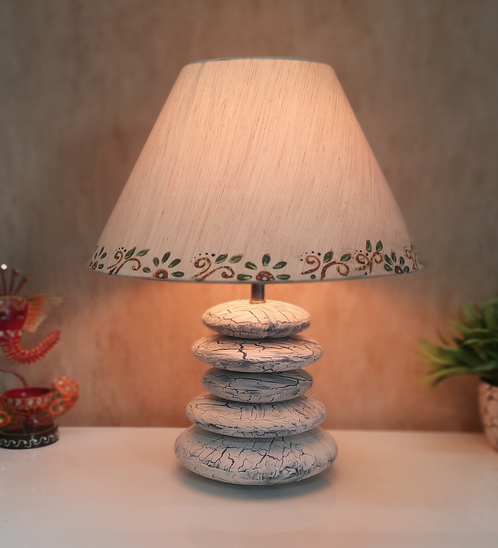 Crackle Affect Stone Finish Wooden with Cotton Shade (White Vintage & Beige)