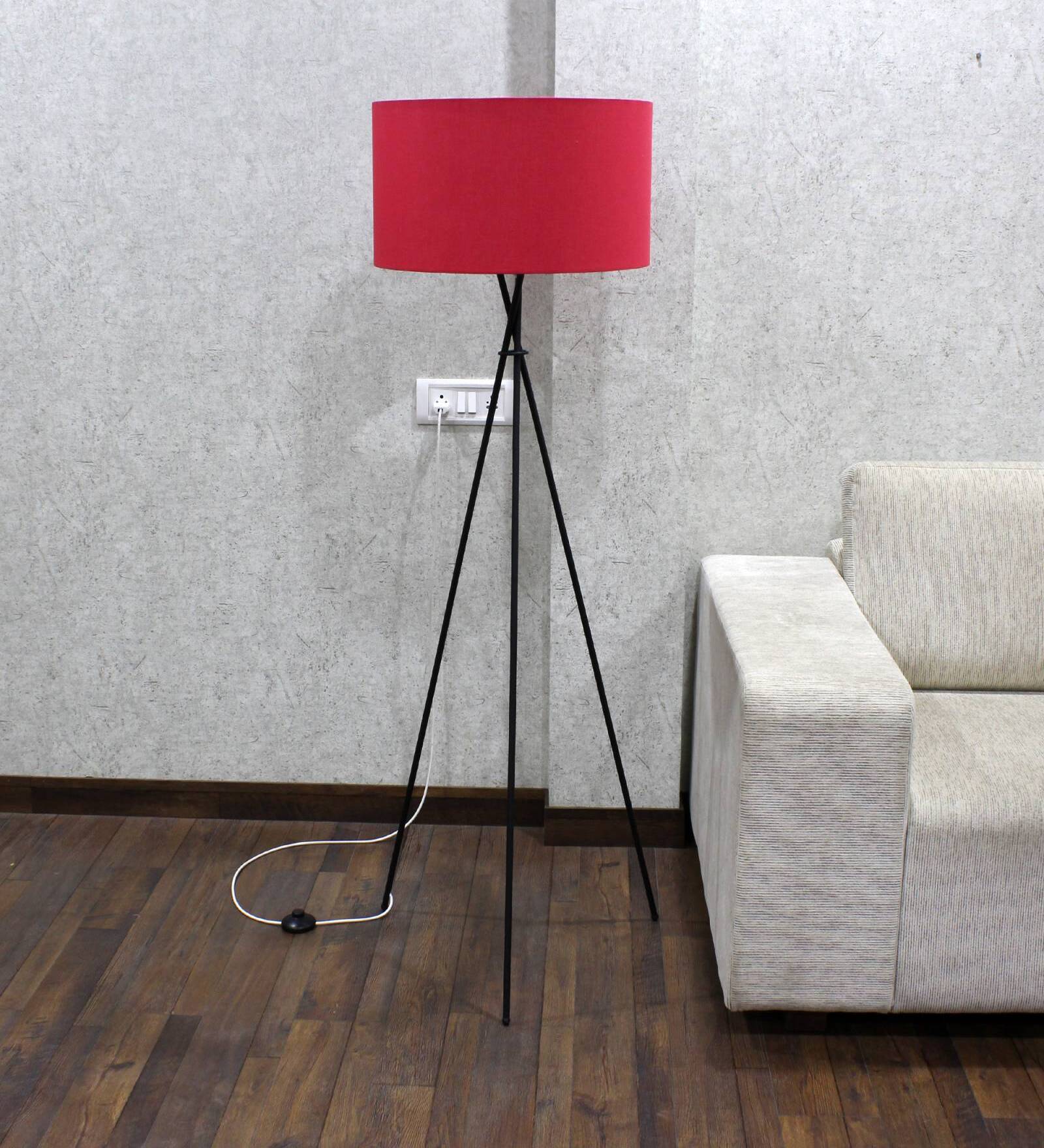 Cracko Black Base Metal Tripod Floor Lamp (Foot Switch) with Dark Pink Cotton Shade