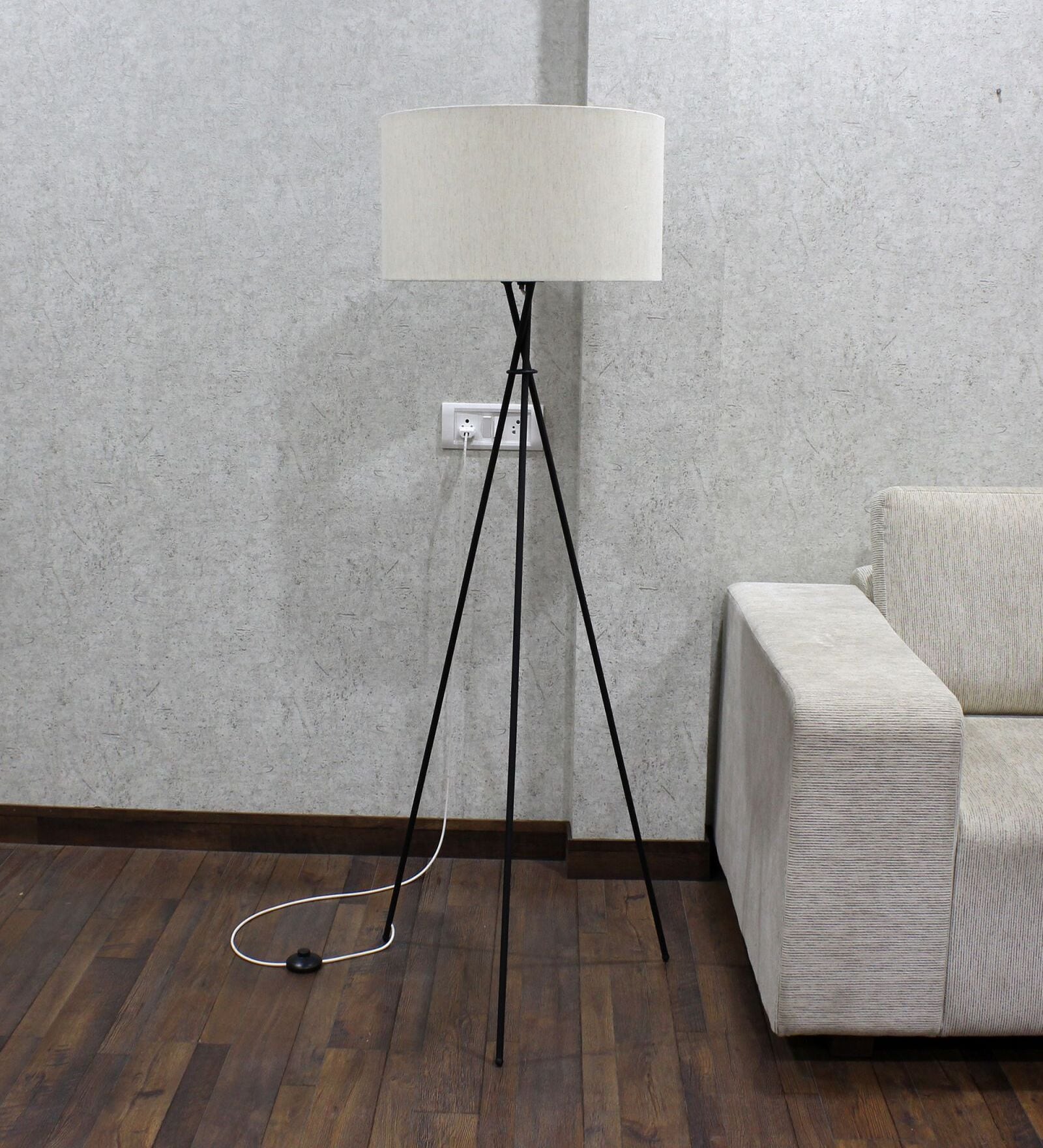 Cracko Black Base Metal Tripod Floor Lamp (Foot Switch) with White Cotton Shade