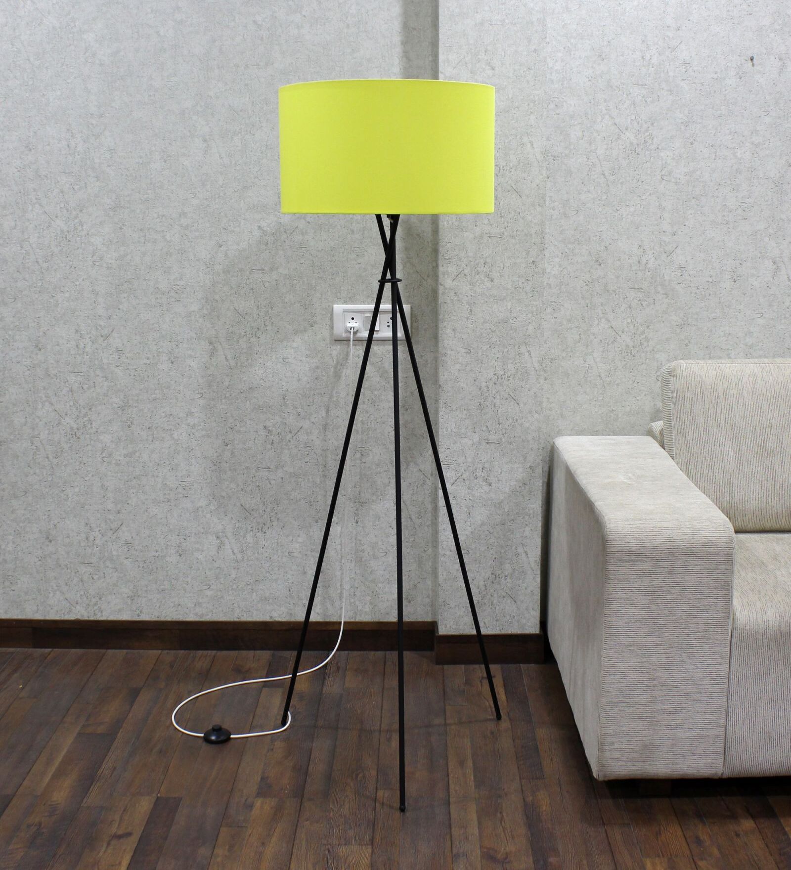 Cracko Black Base Metal Tripod Floor Lamp (Foot Switch) with Yellow Cotton Shade Cracko Black Base Metal Tripod Floor Lamp (Foot Switch) with Yellow Cotton Shade