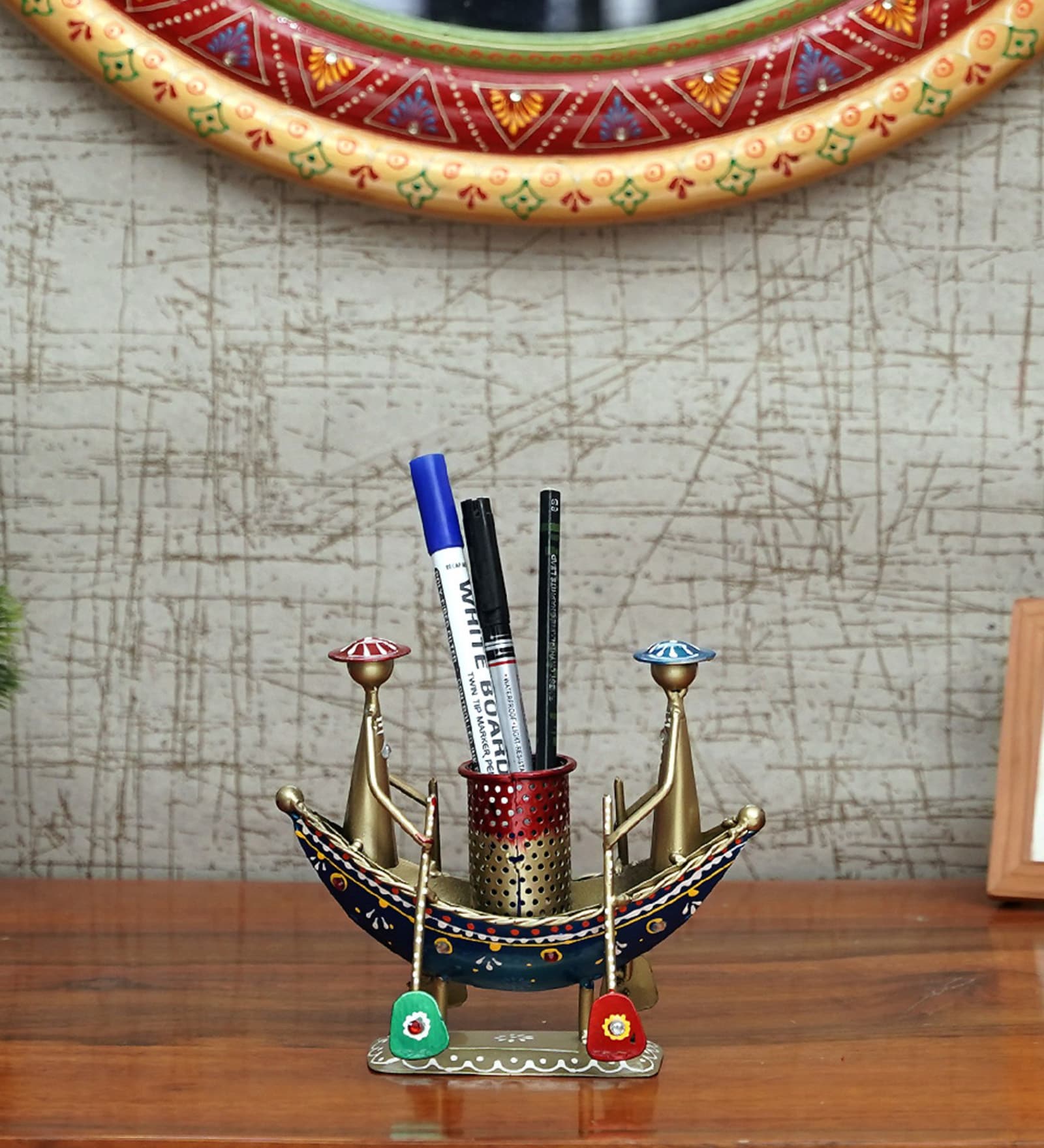 Metal Handpainted Decorative Boat Pen Stand Showpiece in Multicolor