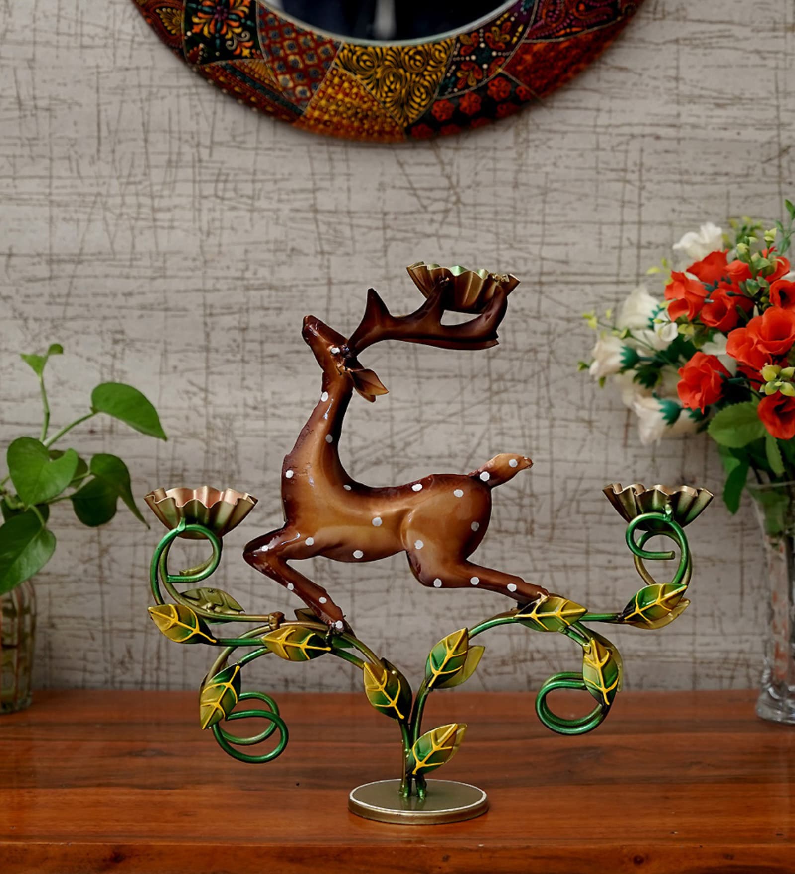 Metal Handpainted Decorative Deer Tea Light Showpiece in Multicolor