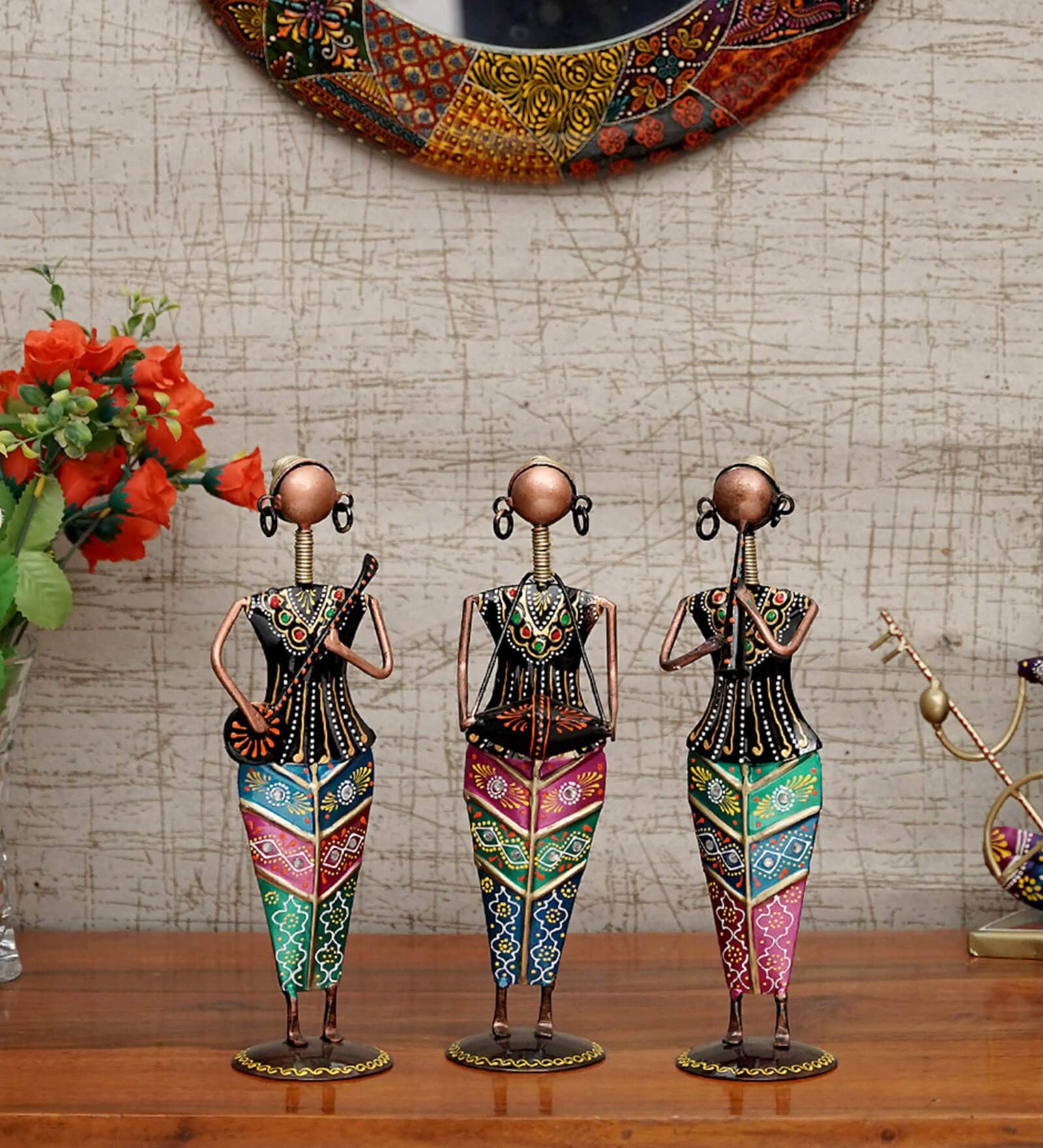 Metal Handpainted Decorative Lady Musician Showpiece Set of 3 in Multicolor