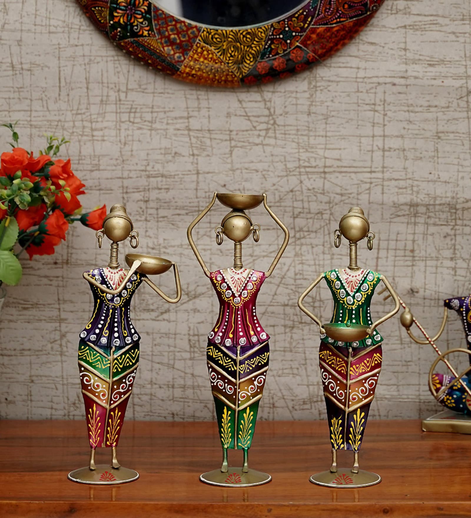 Metal Handpainted Decorative Lady Tea Light Set of 3 Showpiece in Multicolor