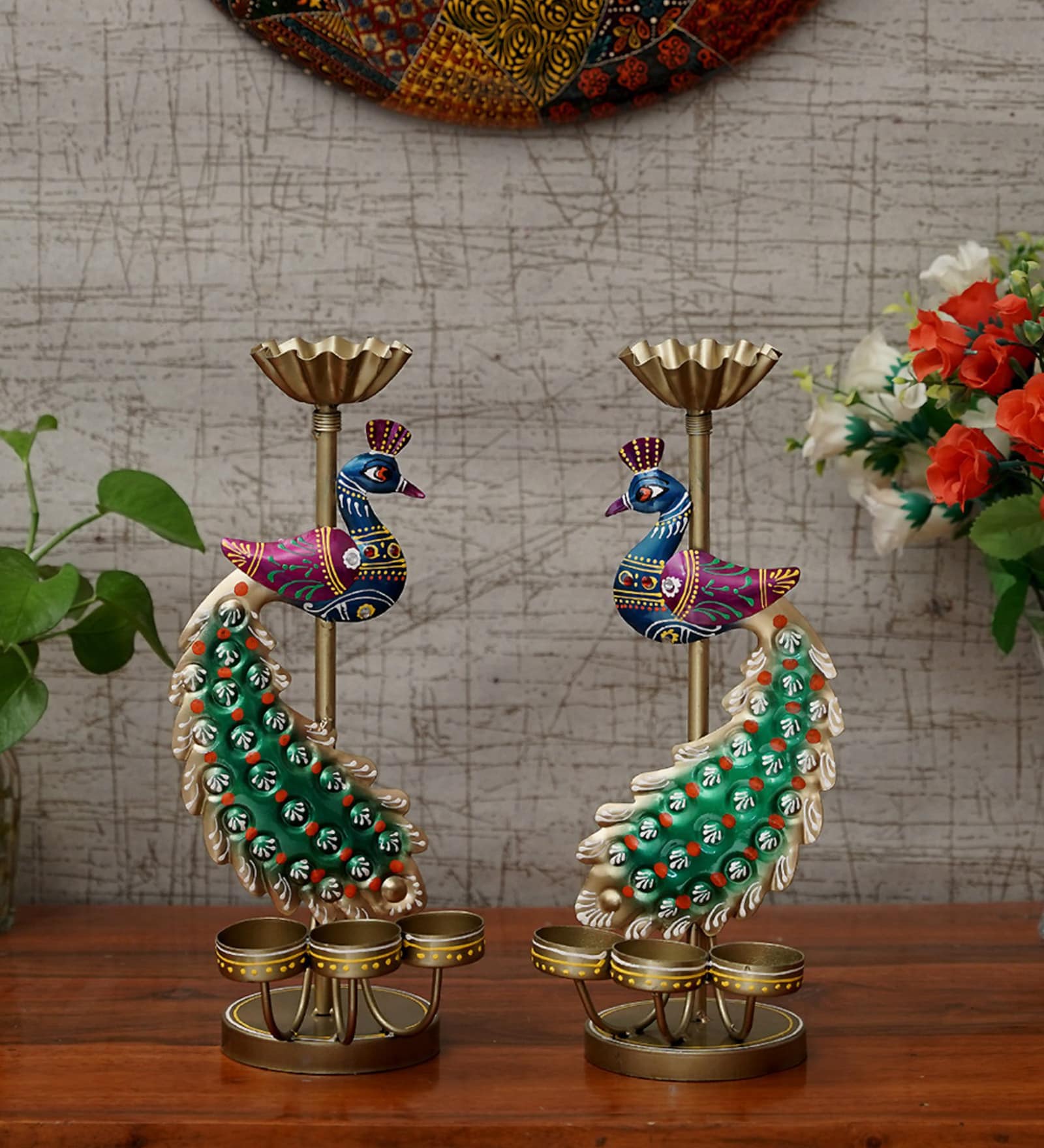 Metal Handpainted Decorative Peacock Tea Light Set of 2 Showpiece in Multicolor