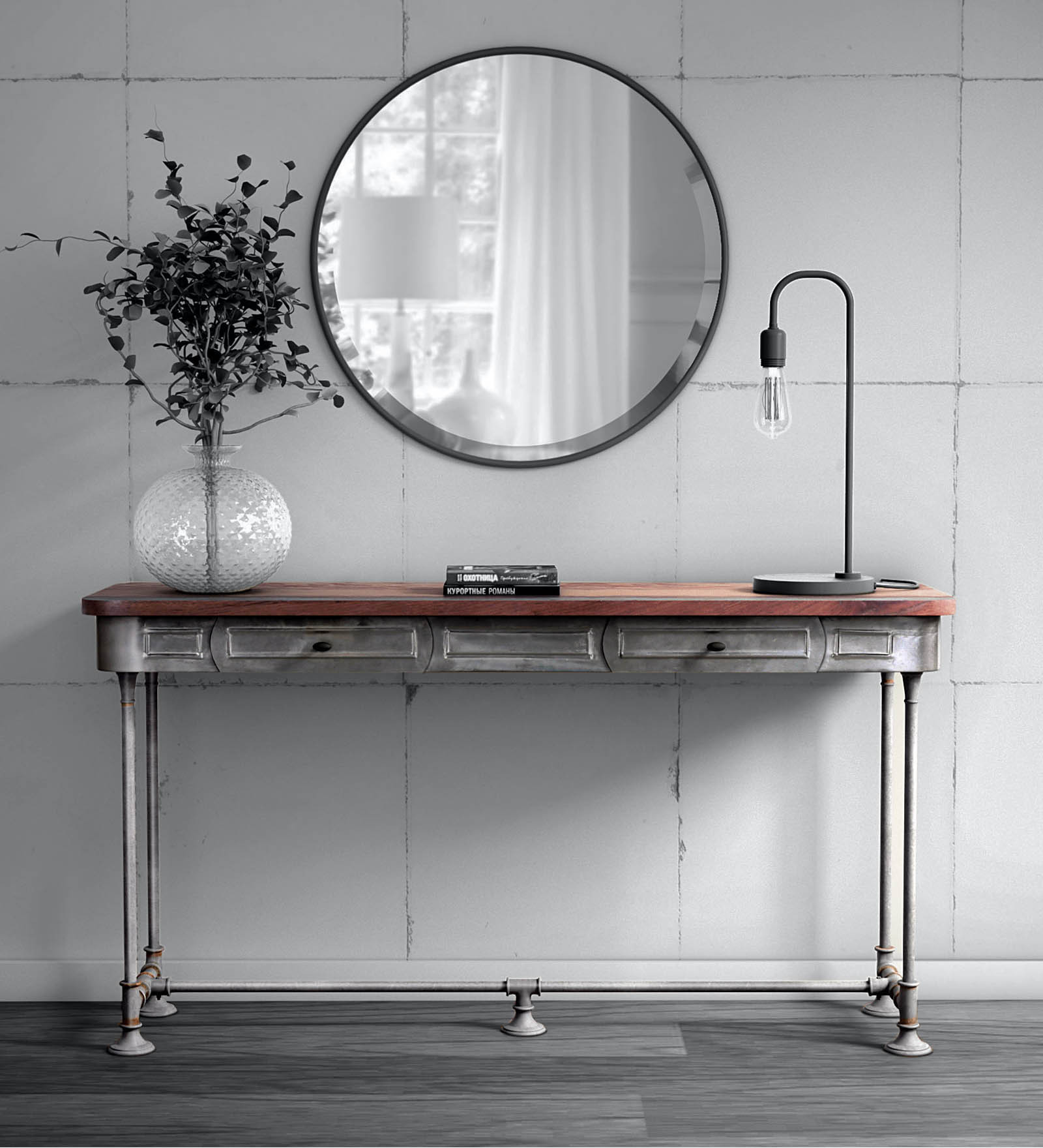 Quatro Metal Console Table In Rustic Teak Finish