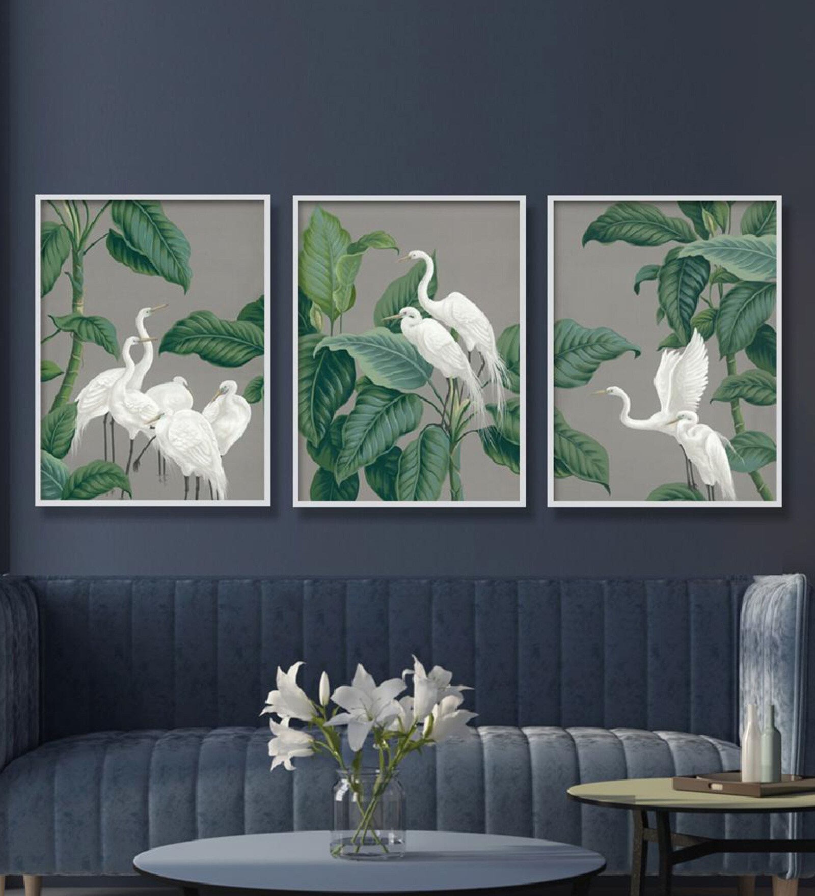 Crane Green Canvas Framed Wildlife Art Panels Set of 3