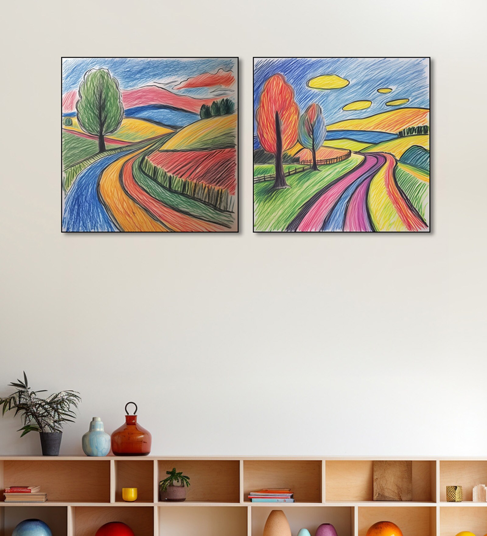 Crayon Hand Drawn Canvas Wall Painting Set of 2 Black Frame