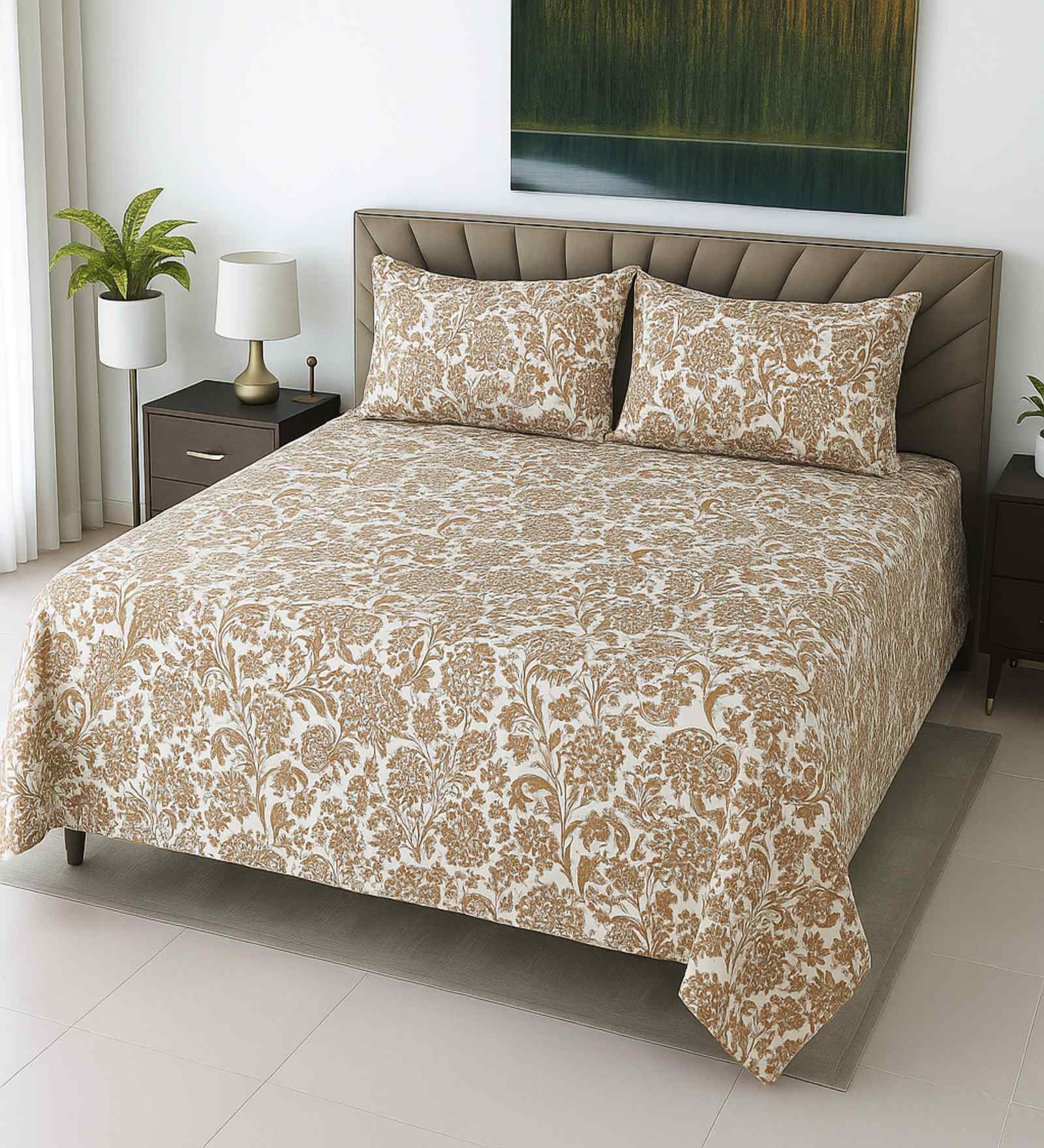 Cream & Green Abstract 400 TC Cotton Super King Size Bedsheet with 2 Pilllow covers Essential Series Collection