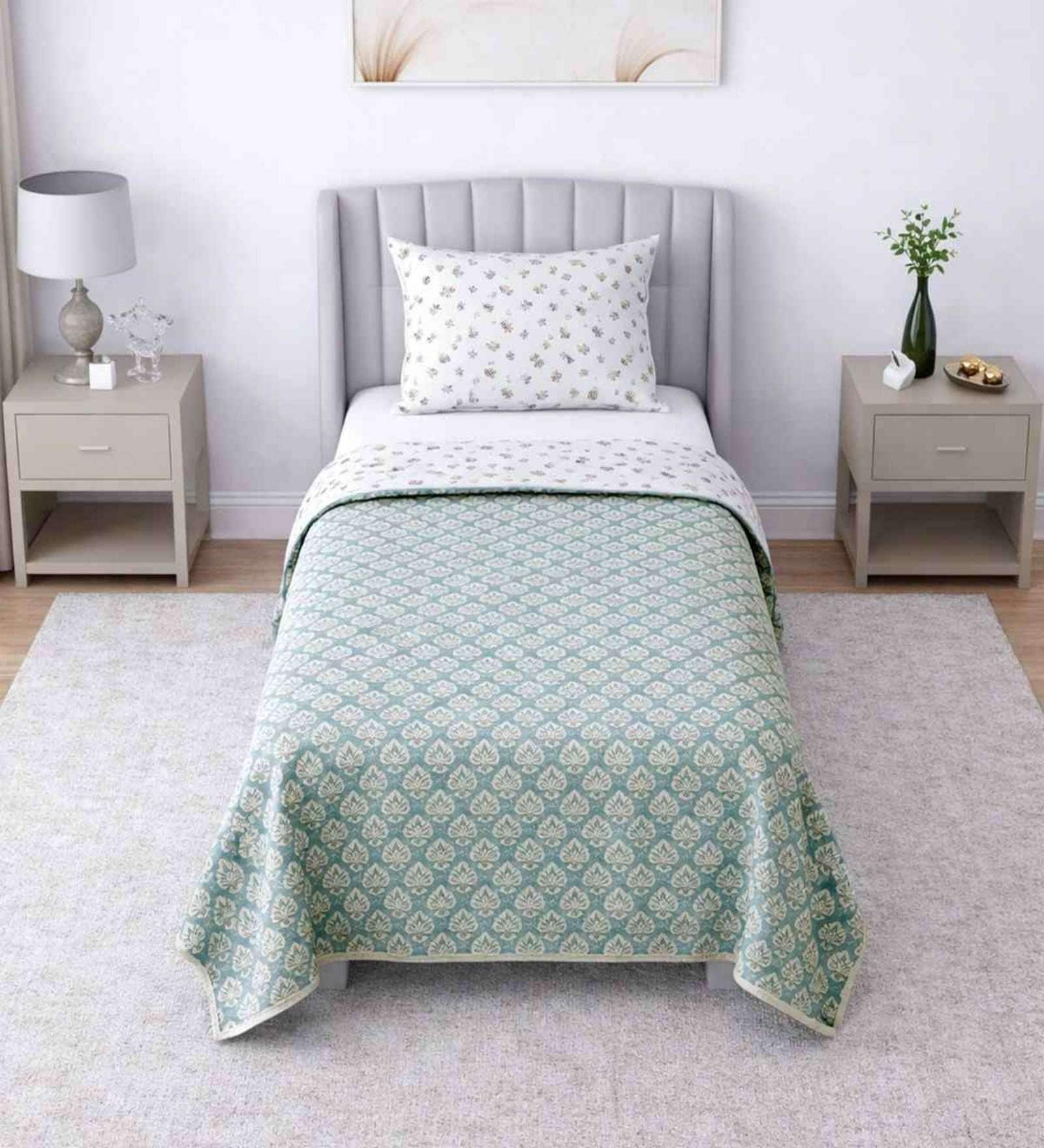 Cream & Green Cotton Floral 330 Gsm Set Of 2 Single Bed Dohar