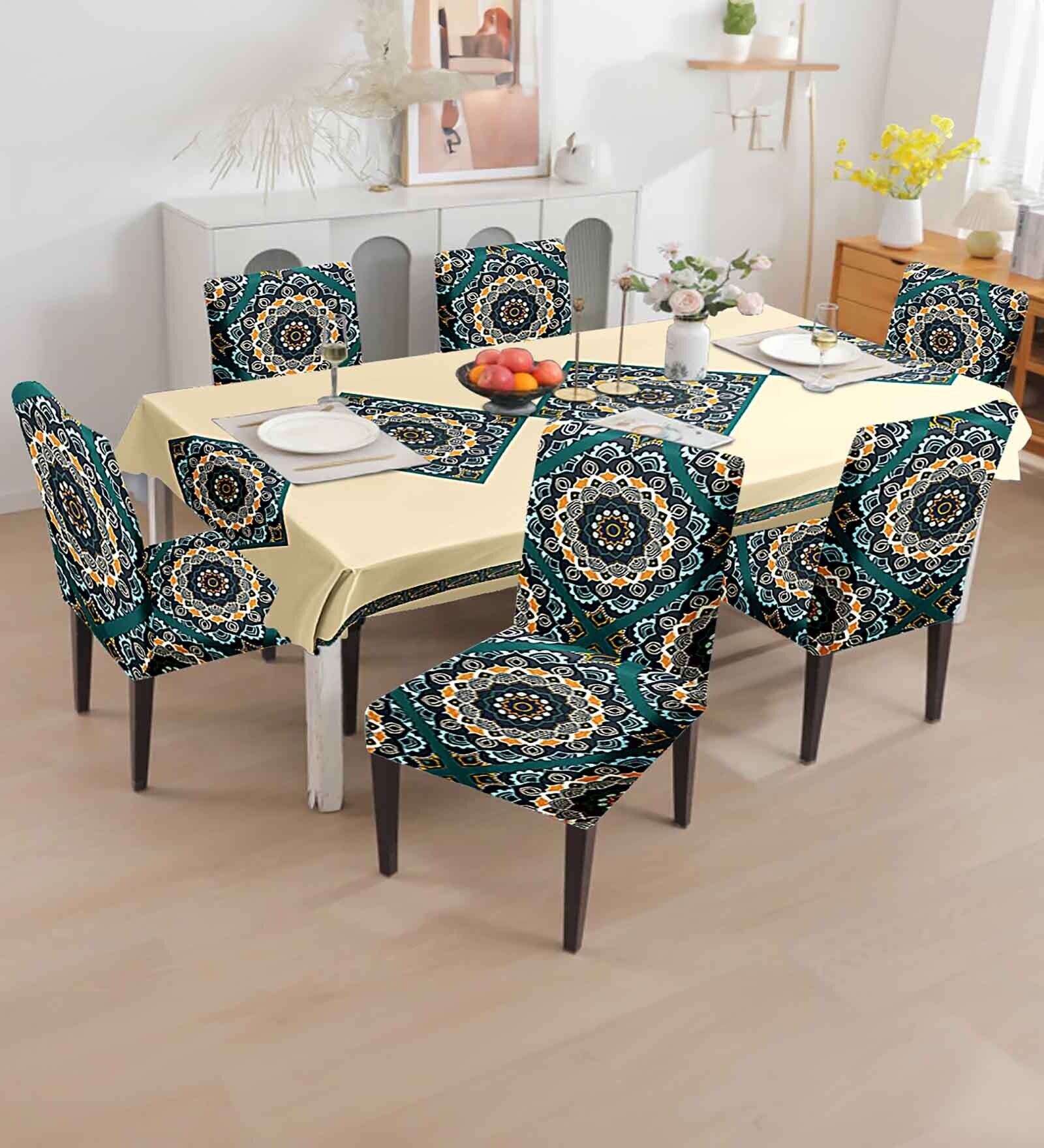 Cream & Green Solids 7 Pcs PVC & Spandex Table Cover With 6 Chair Cover