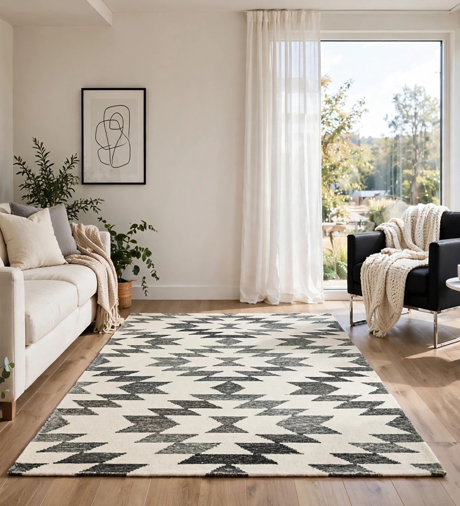 Cream Geometric Wool And Cotton 5 X 8 Ft Hand Tufted Carpet