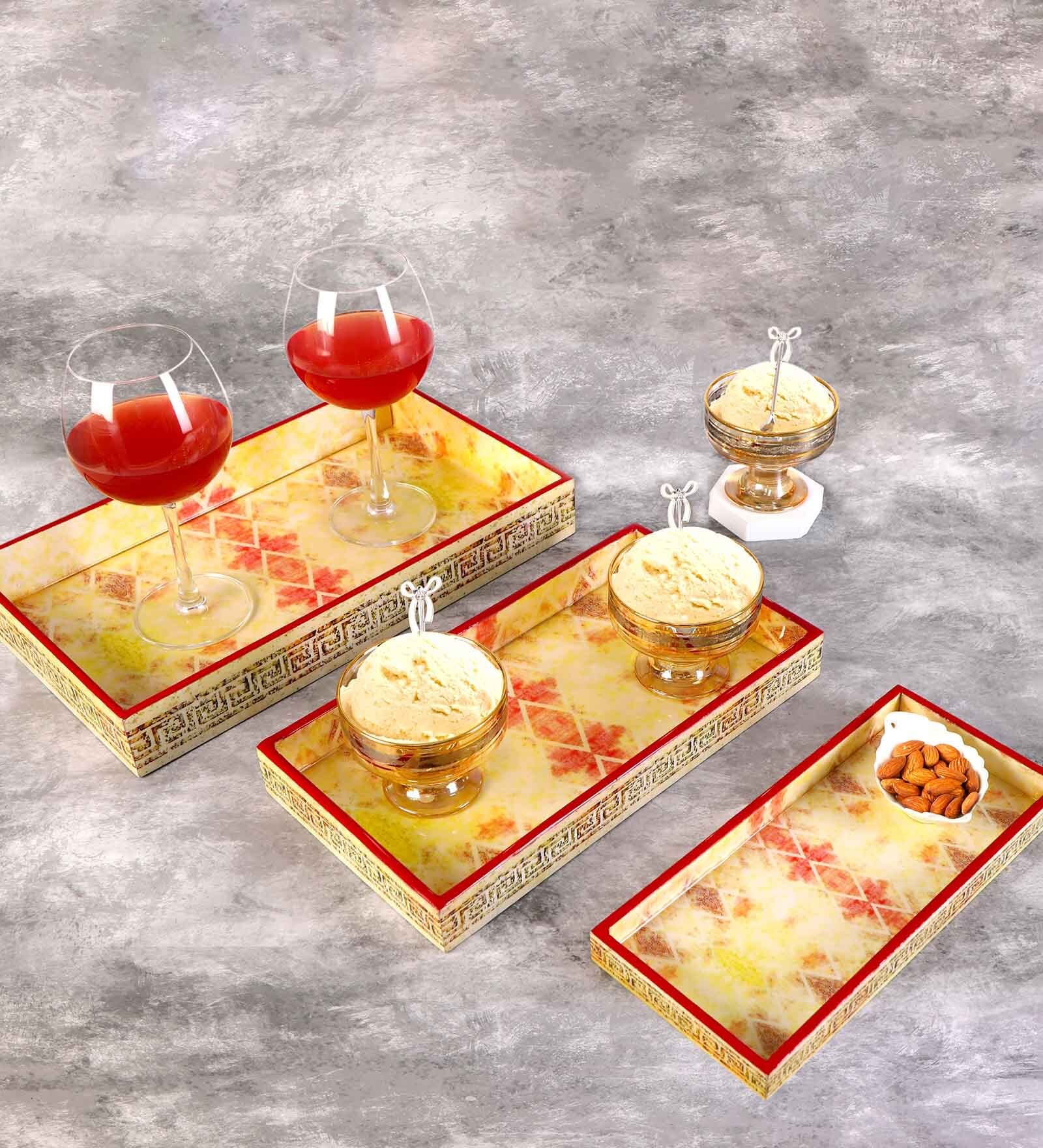 Cream & Red MDF Wood Versace (Set of 3) Serving Tray