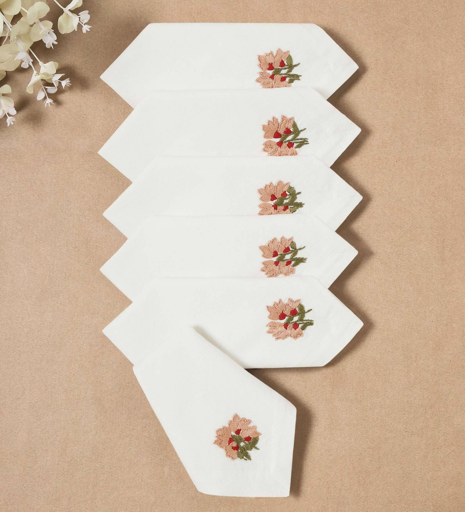 Cream (16 x16 ) Floral Hand Embroidered Cotton (Set of 6) Napkin Sets