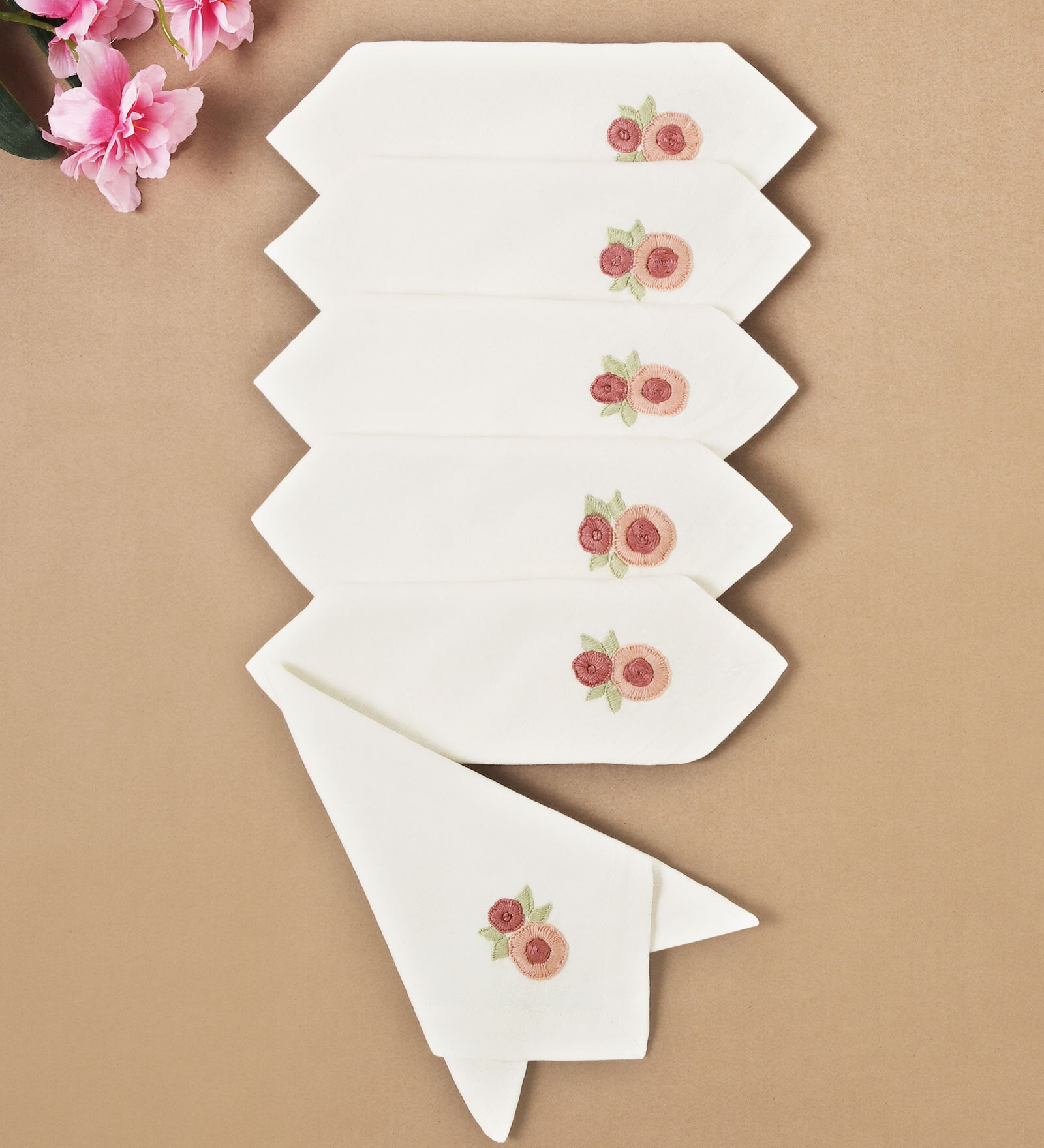 Cream (16 x16 ) Floral Hand Embroidered Cotton (Set of 6) Napkin Sets