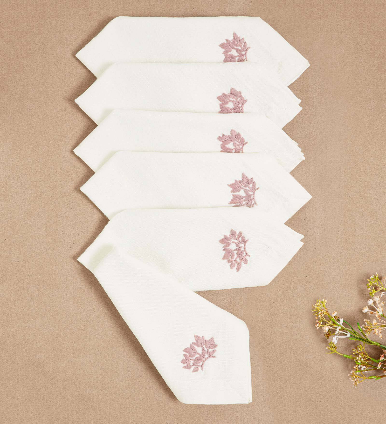 Cream (16 x16 ) Floral Hand Embroidered Cotton (Set of 6) Napkin Sets