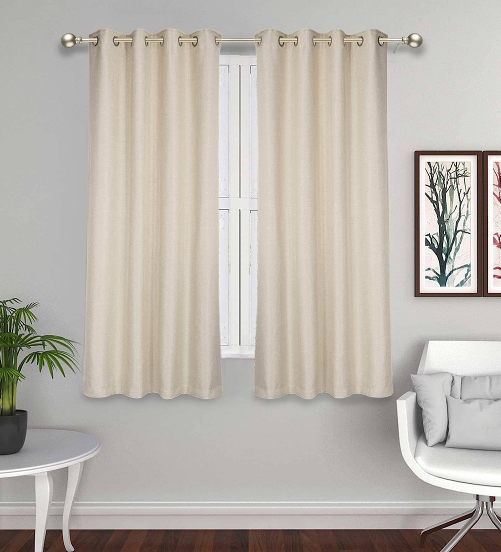 Cream Solid Jute 5 Ft Light Filtering Eyelet Window Curtains (Set of 2)
