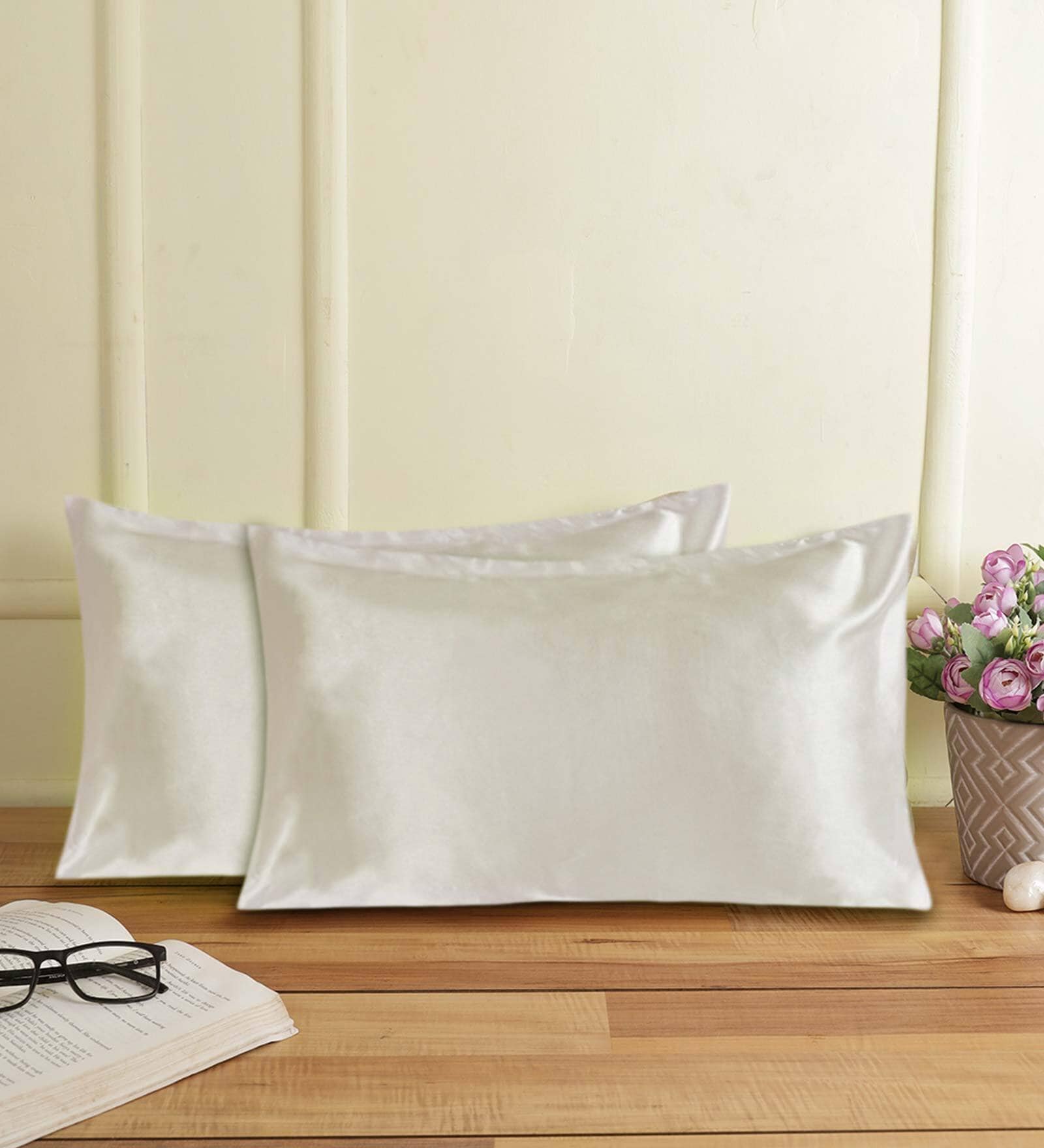 Cream Solid 210TC Satin 17 x 27 Inches Pillow Covers (Set of 2)