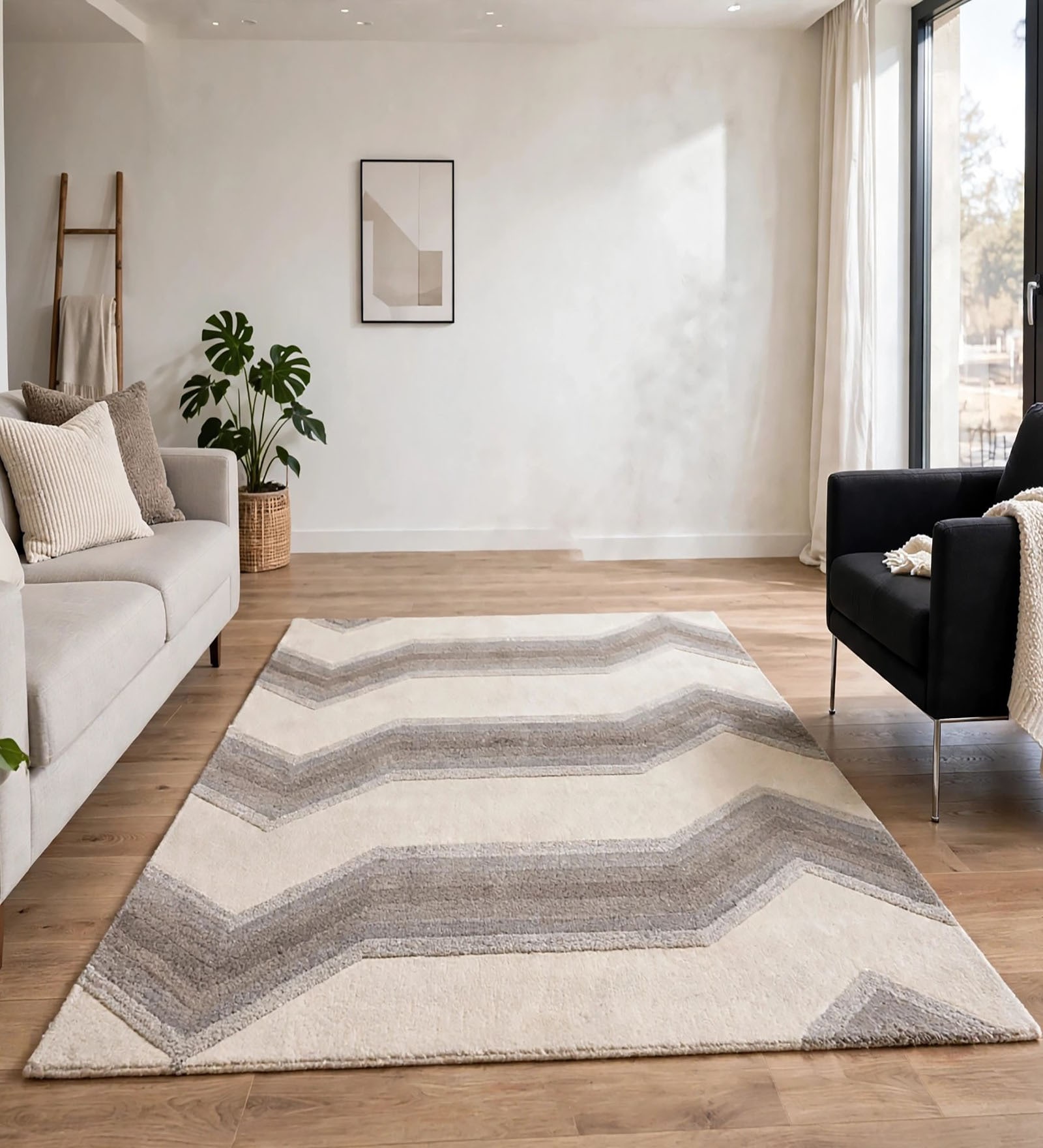 Cream Geometric Wool And Cotton 5 X 7 ft Hand Tufted Carpet