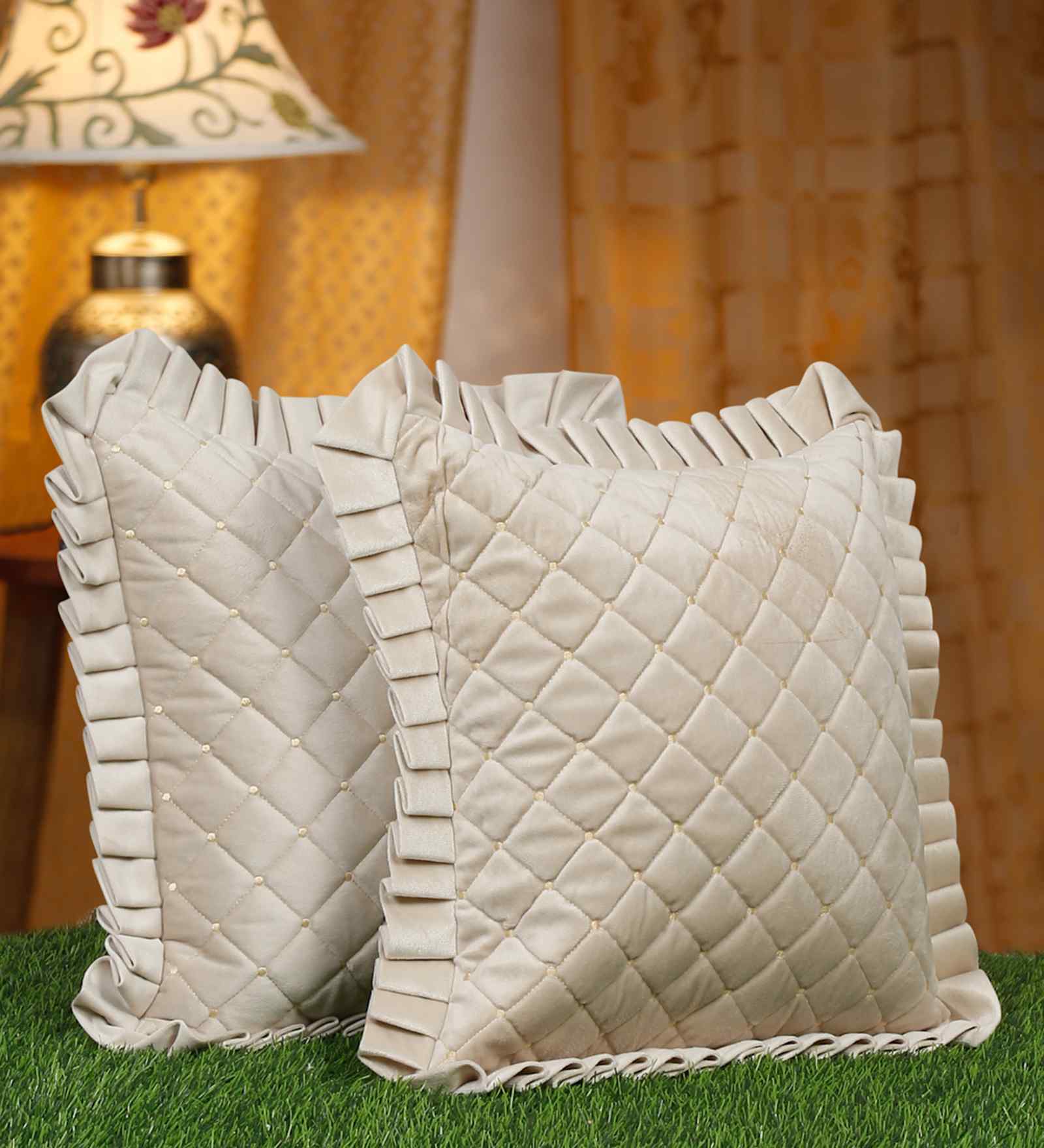 Cream Velvet Geometric 16X16 Inches Cushion Covers (Pack of 2)