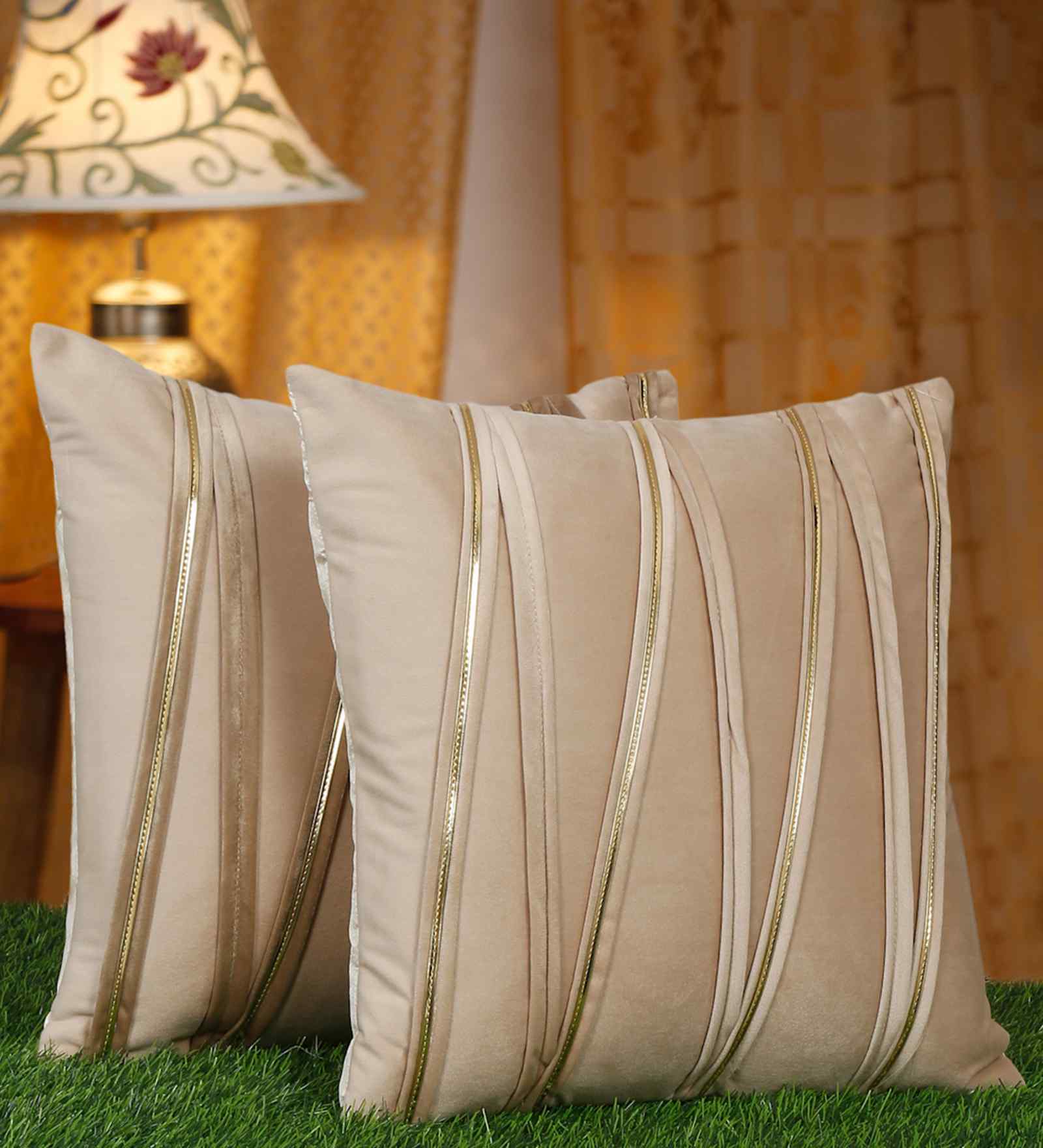 Cream Velvet Striped 16X16 Inches Cushion Covers (Pack of 2)