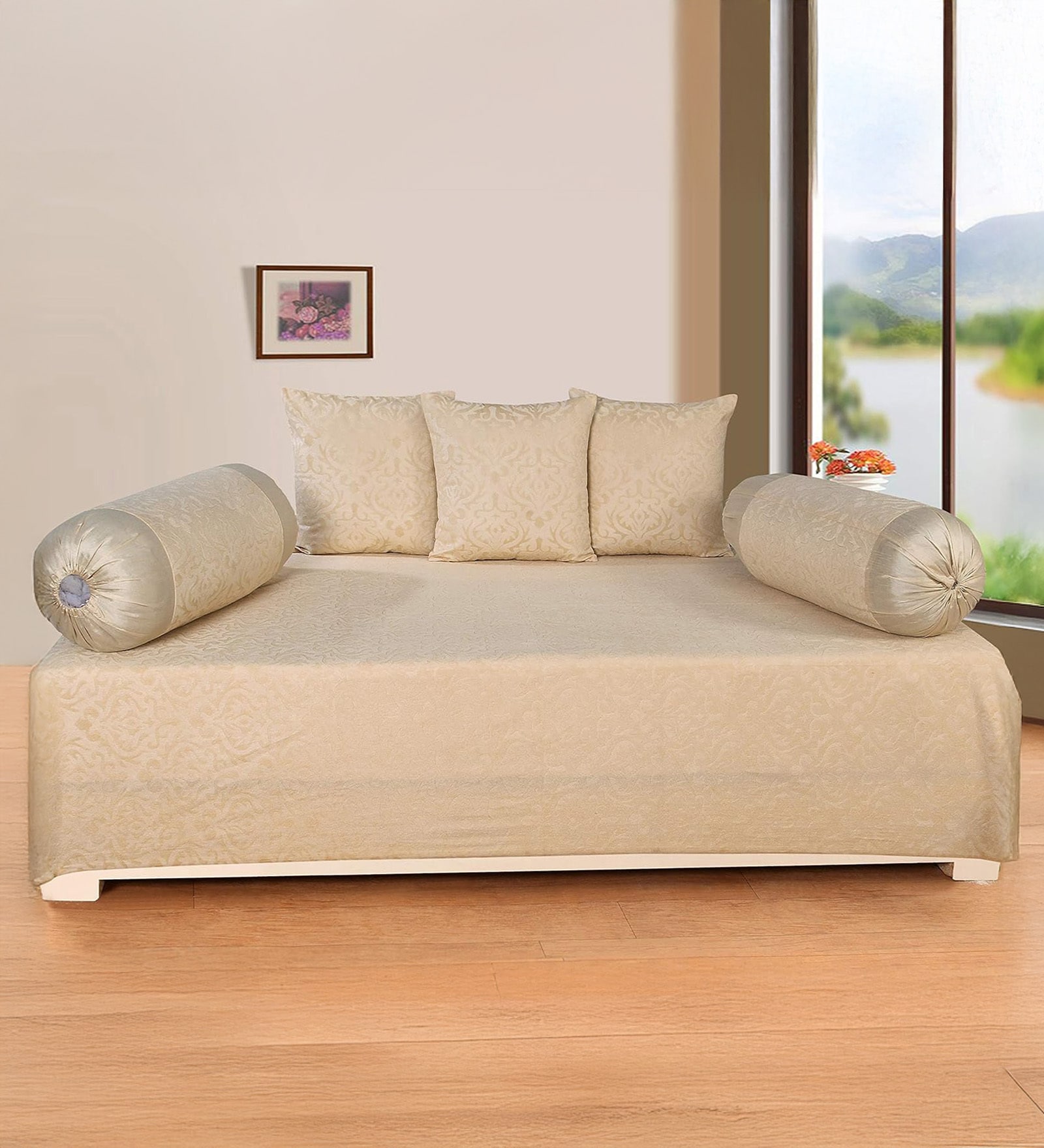 Cream 160 TC Polyester Embossed Velvet 6 Piece Diwan Set