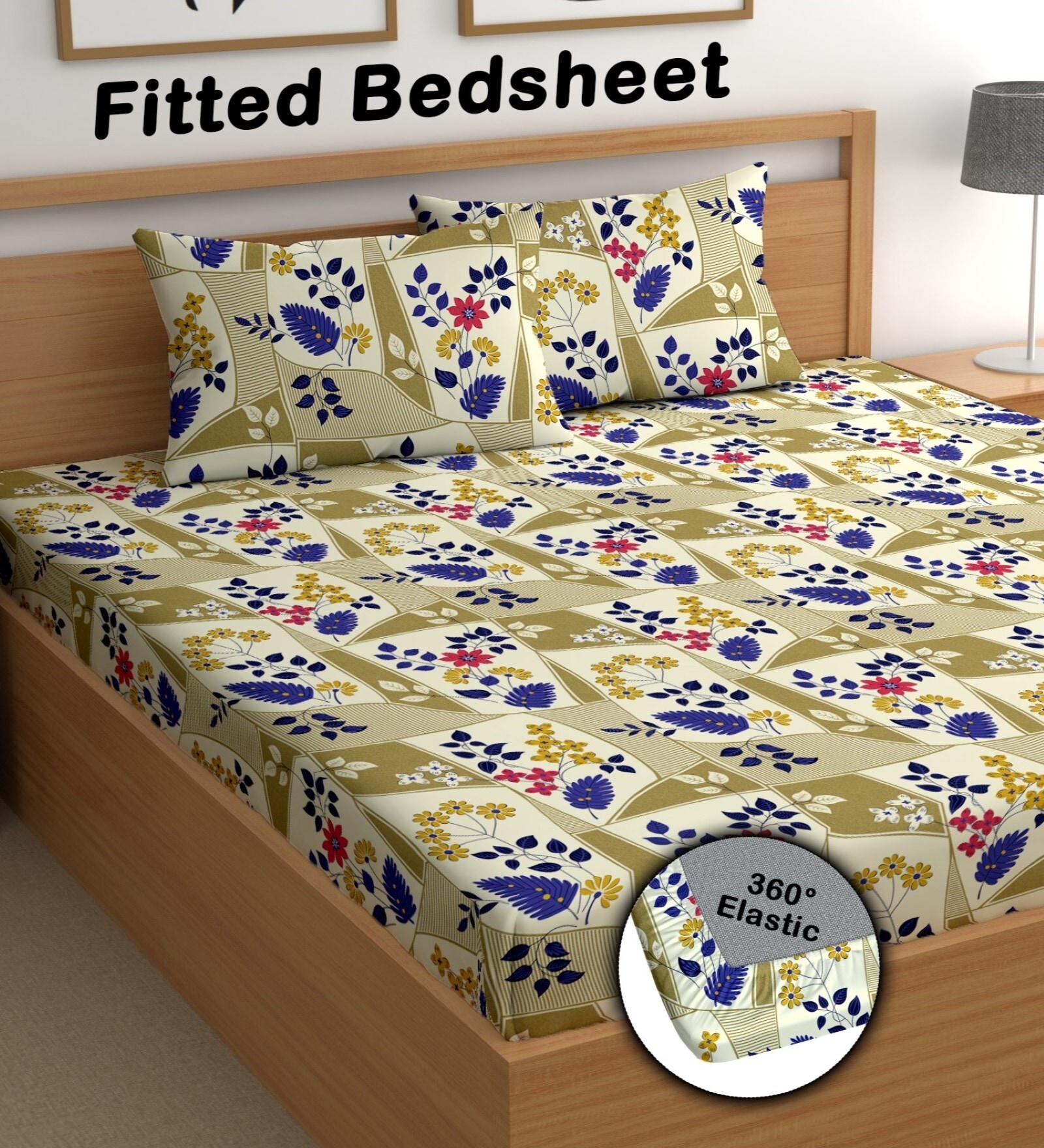 Cream 180 TC Floral Cotton Fitted Double Bedsheet 2 Pillow covers