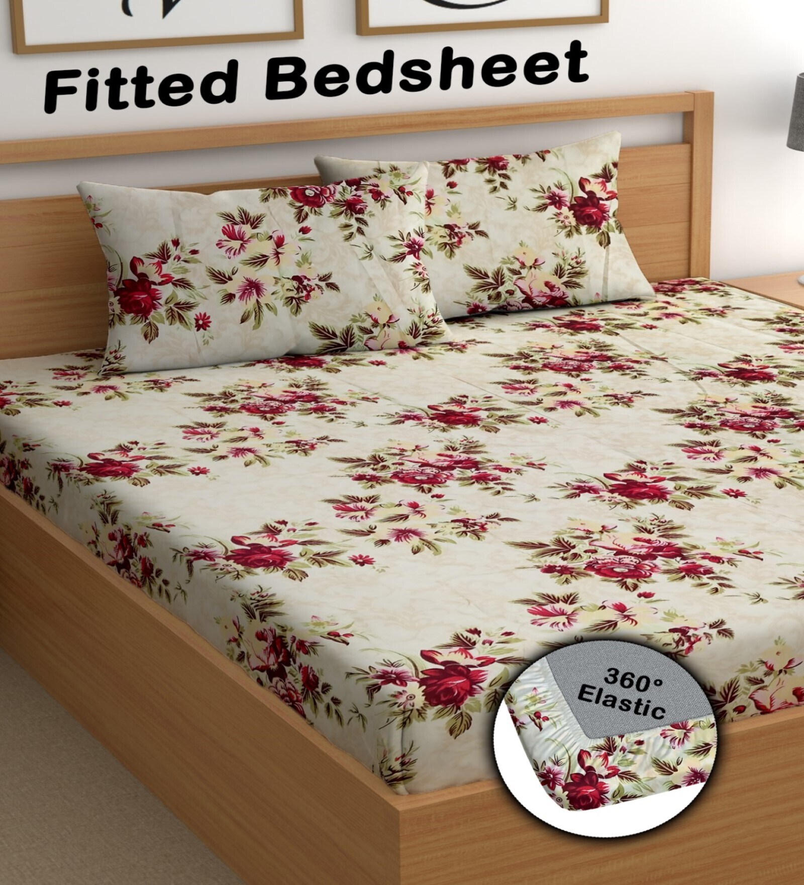 Cream 180 TC Floral Cotton Fitted Double Bedsheet 2 Pillow covers