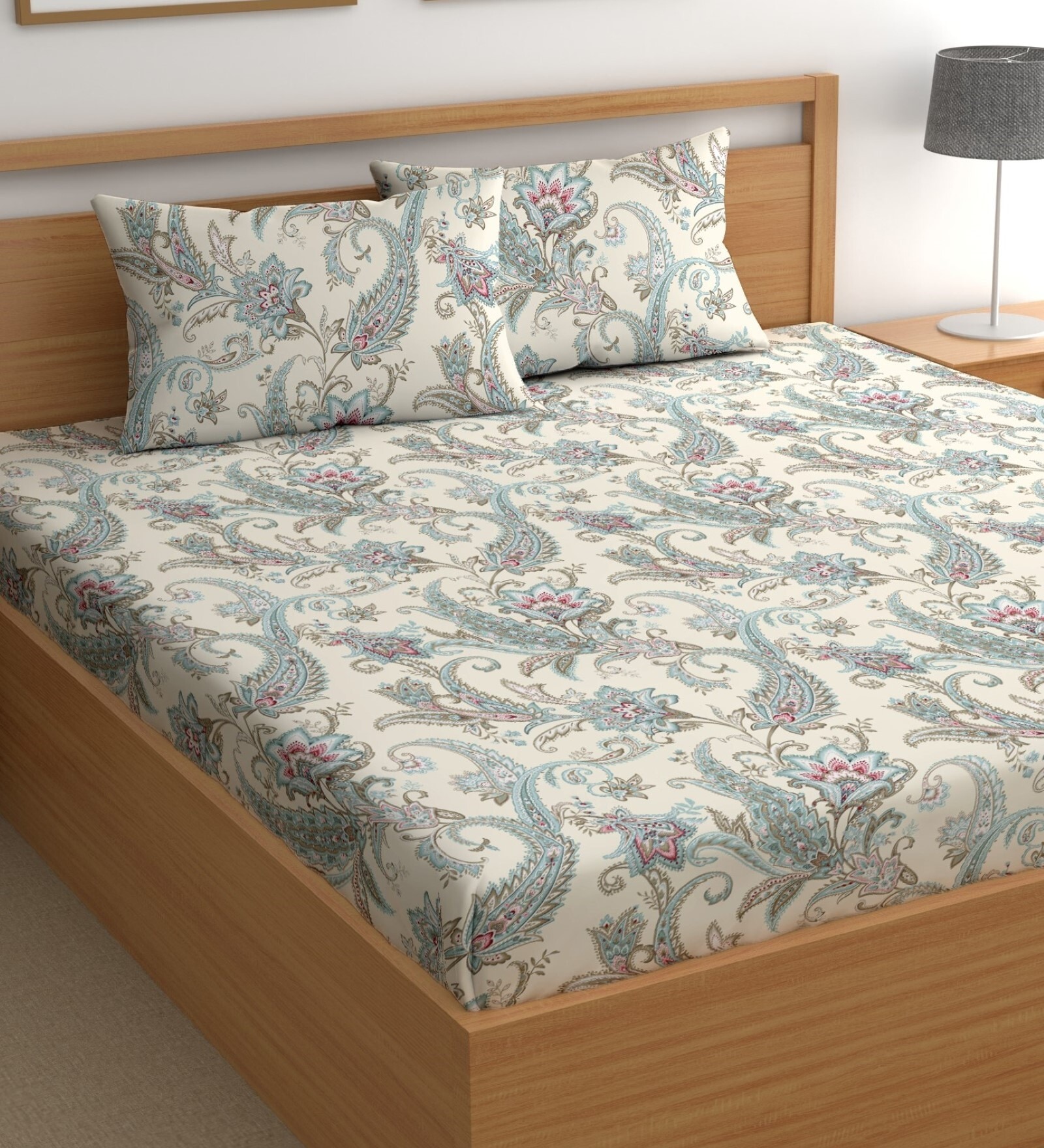 Cream 200 TC Abstract Cotton Queen Double Bedsheet 2 Pillow covers