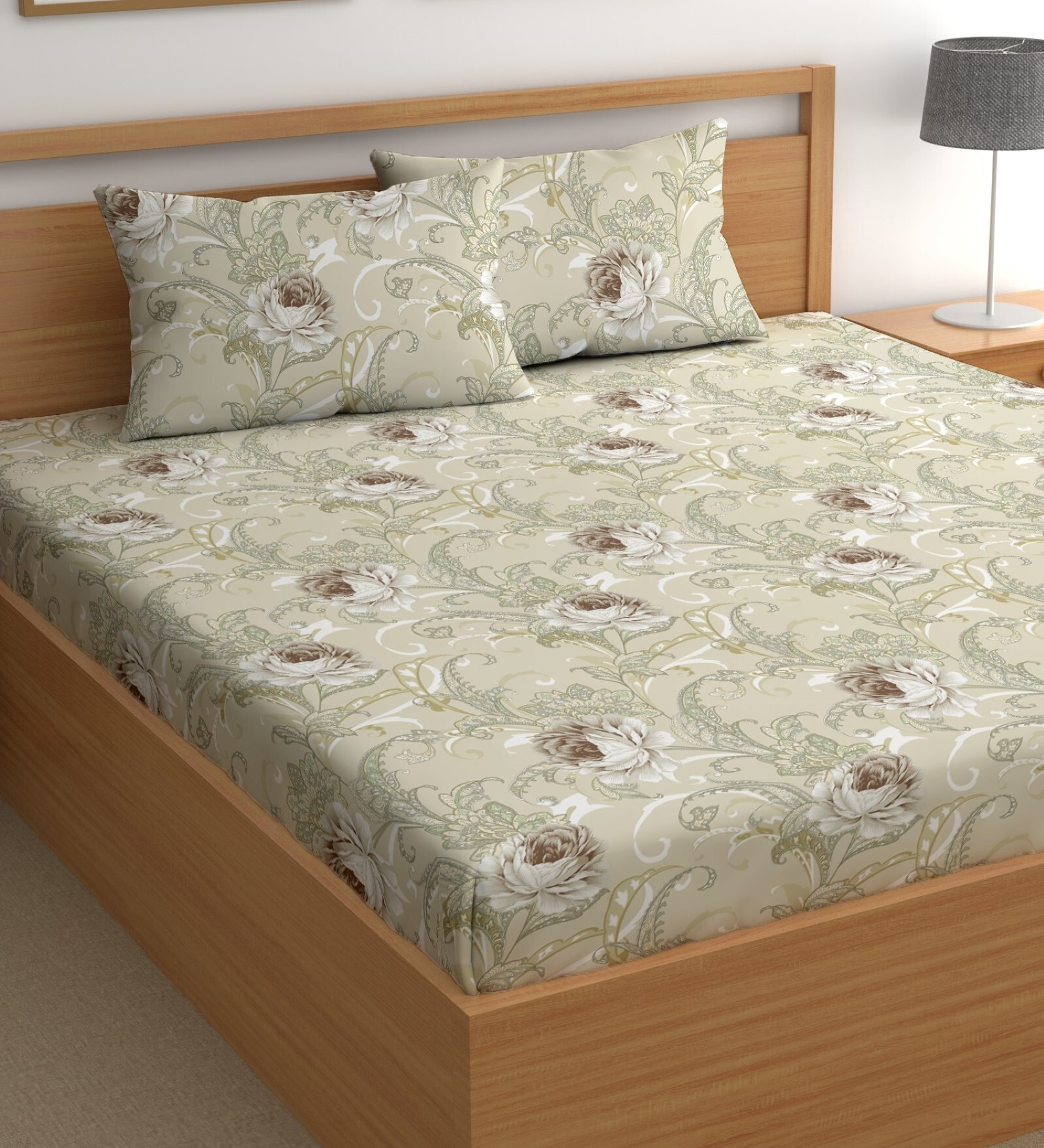 Cream 200 TC Floral Cotton Queen Double Bedsheet 2 Pillow covers