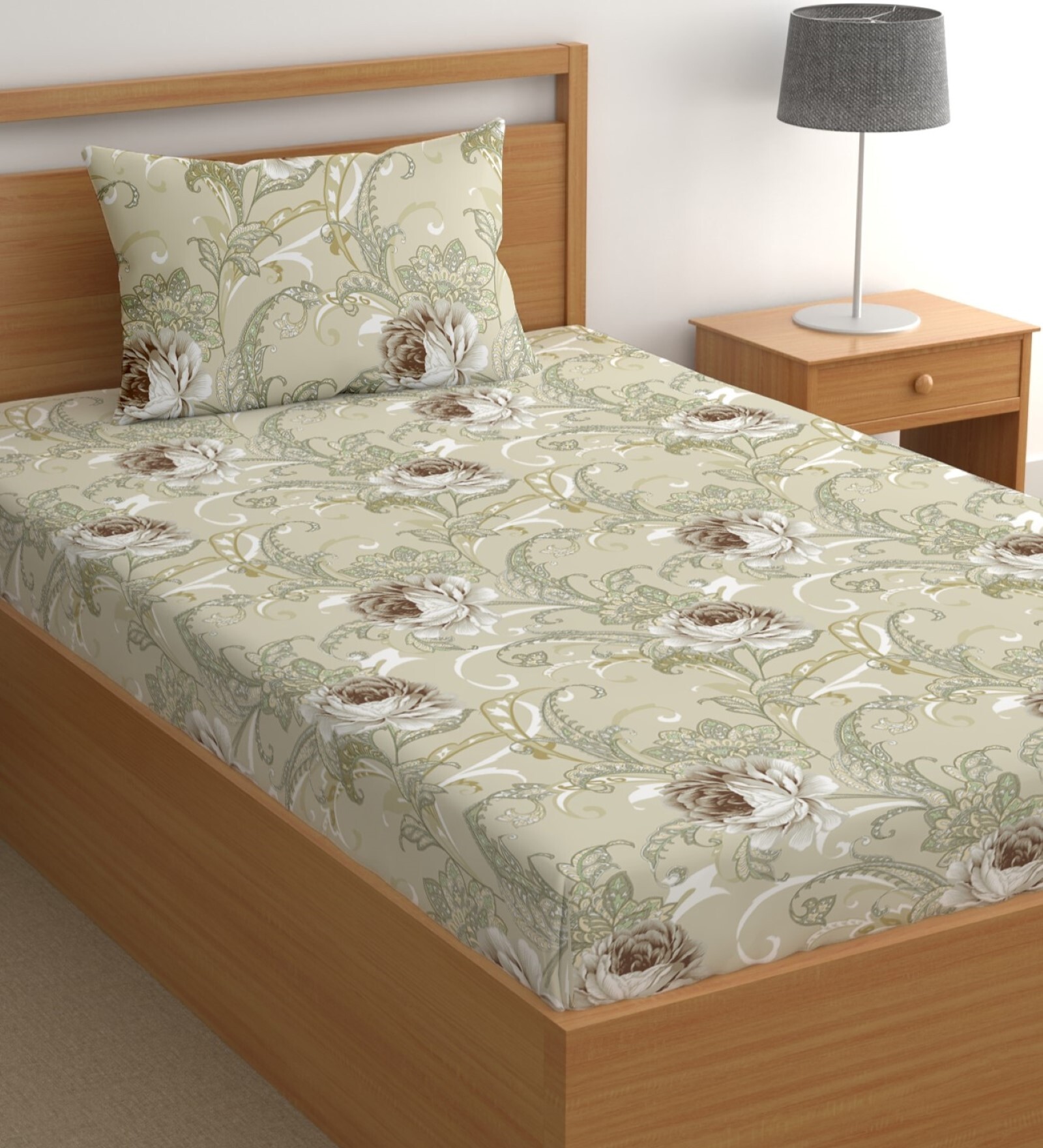Cream 200 TC Floral Cotton Single Bedsheet Pillow covers