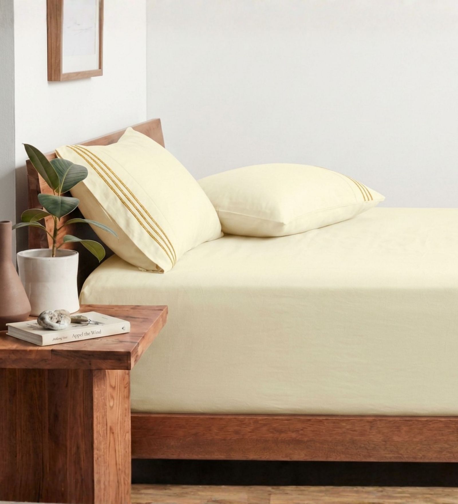 Cream 210 TC Cotton King Size Bedsheet with 2 Embroidered Pillow Covers