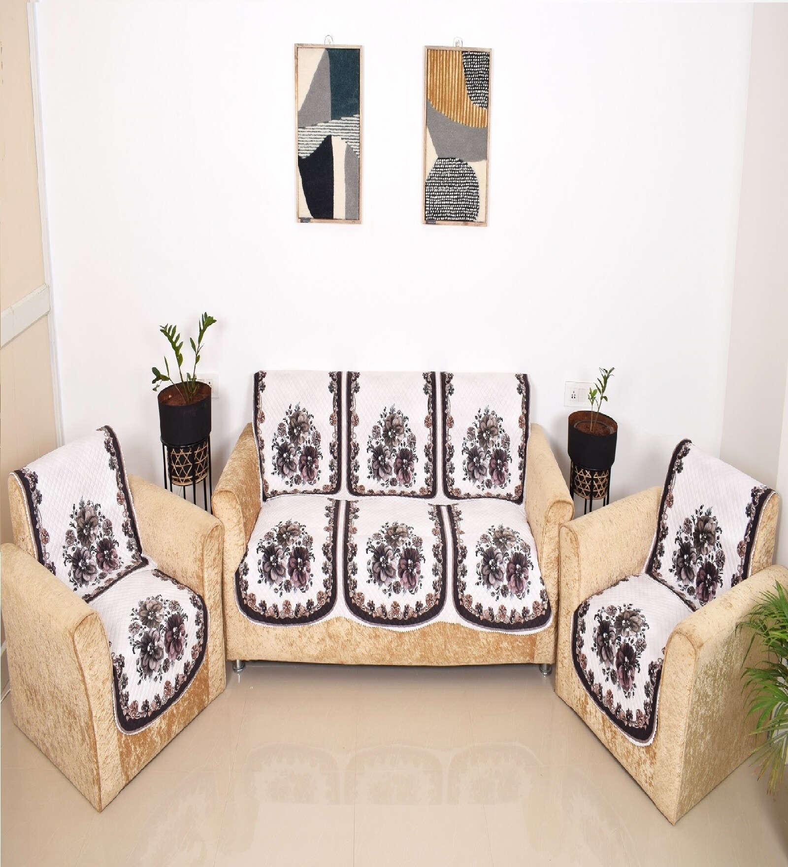 Cream 5 Seater Floral 10Pcs Sofa Covers