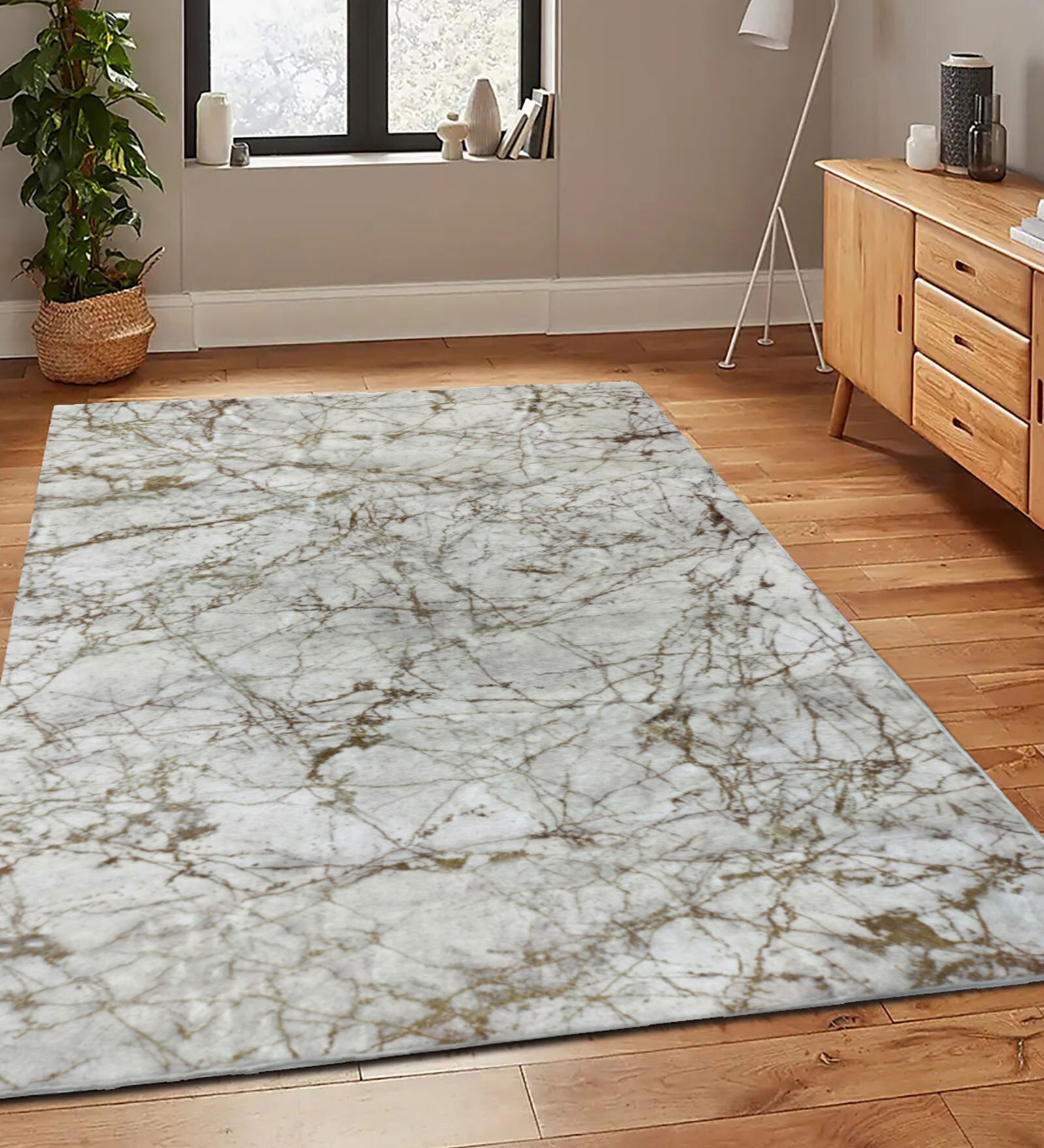 Cream Abstract Microfibre 4 ft X 6 ft Machine Made Carpet