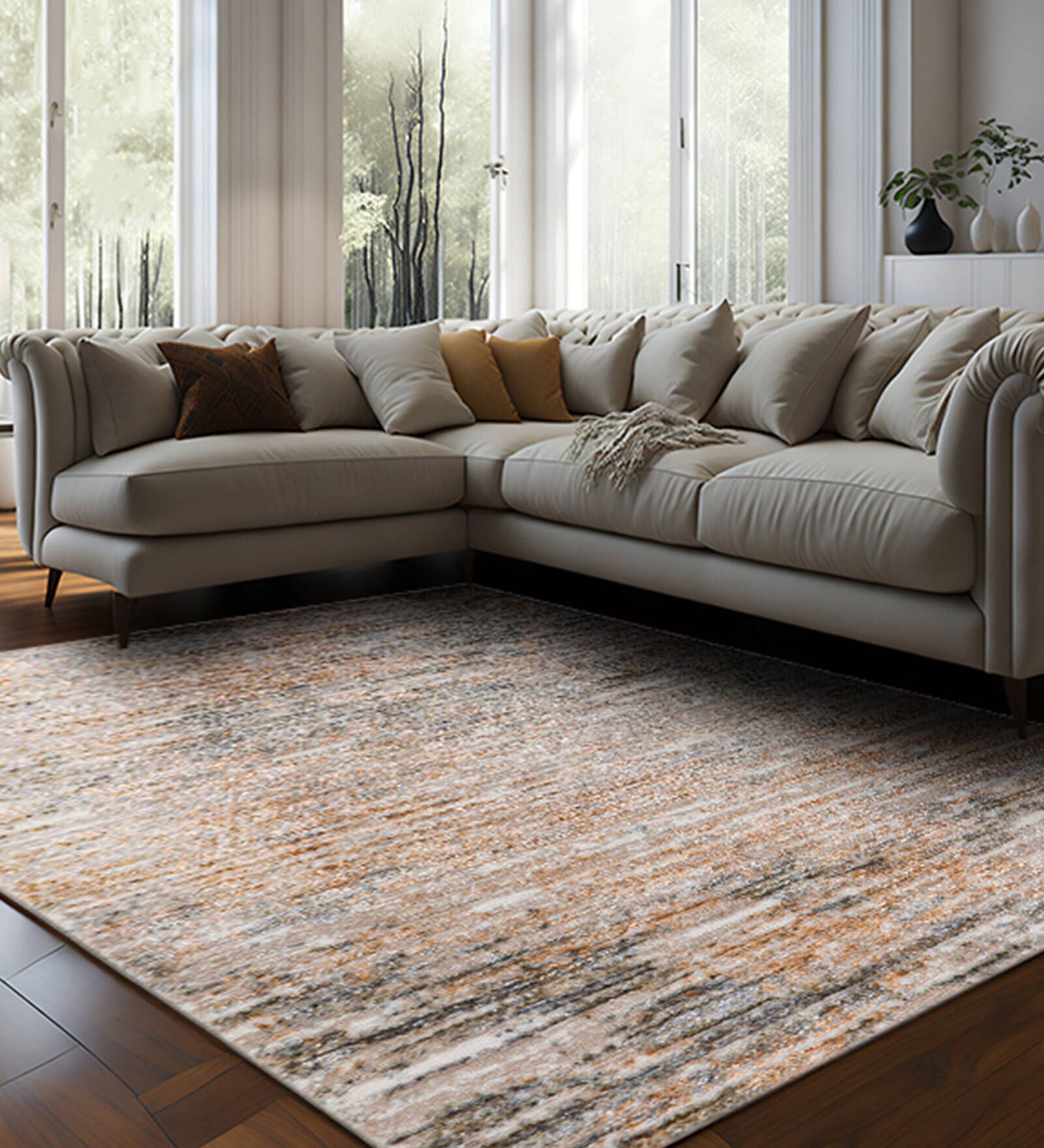 Cream Abstract Polyester 5 ft X 7 ft Machine Made Carpet