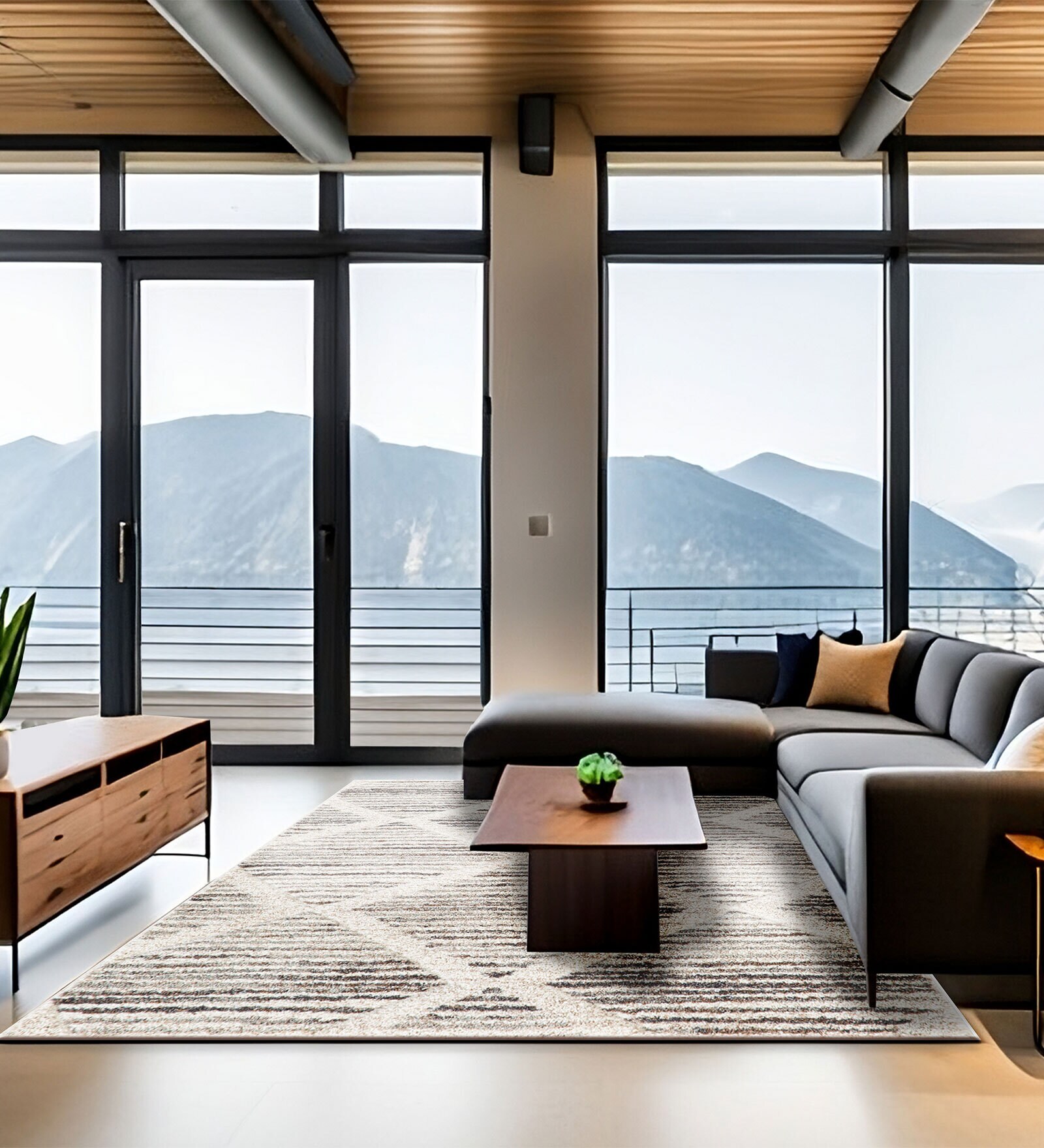 Cream Geometric Wool 4 ft X 6 ft Machine Made Carpet