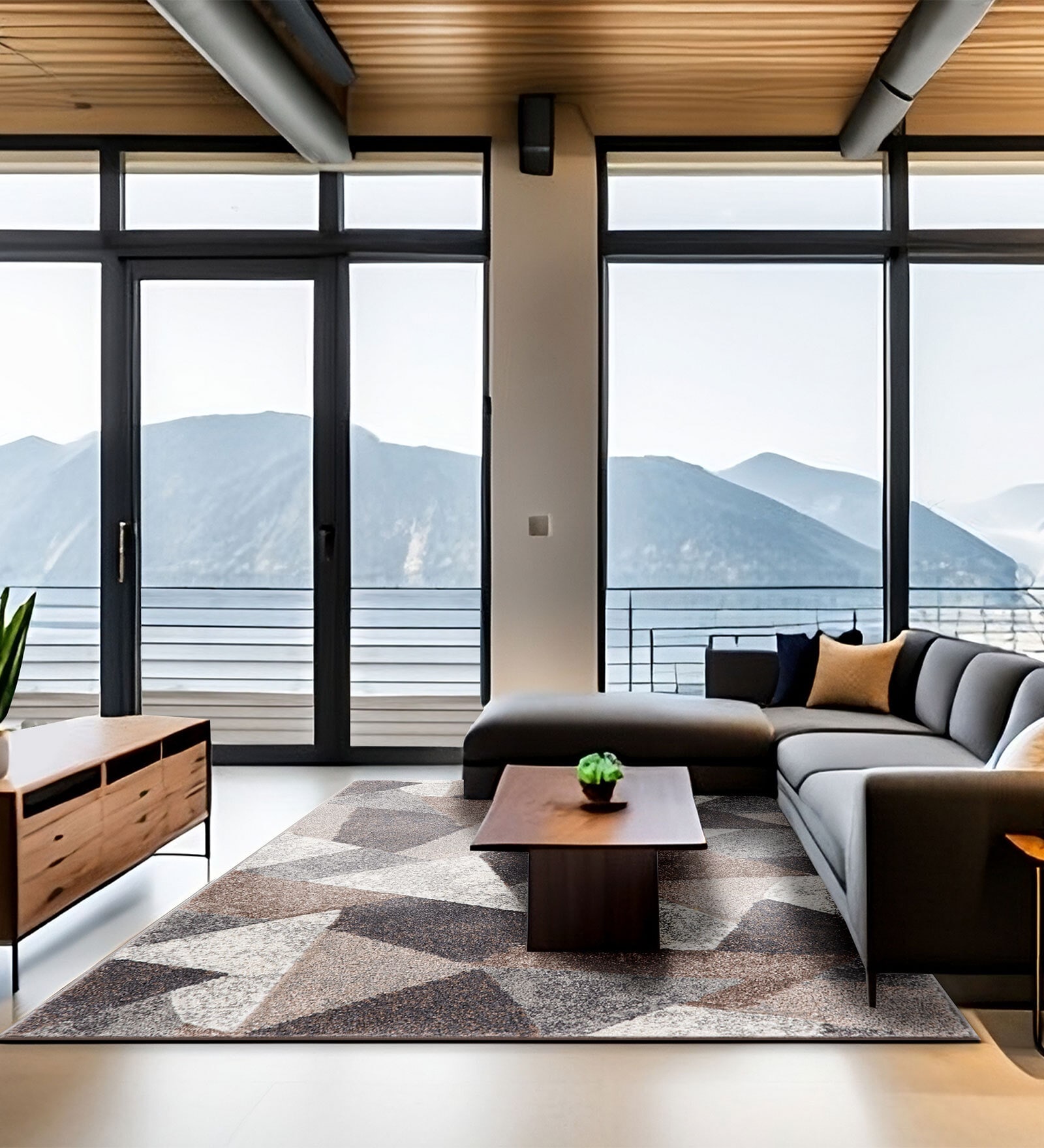 Cream Geometric Wool 4 Ft X 6 Ft Machine Made Carpet