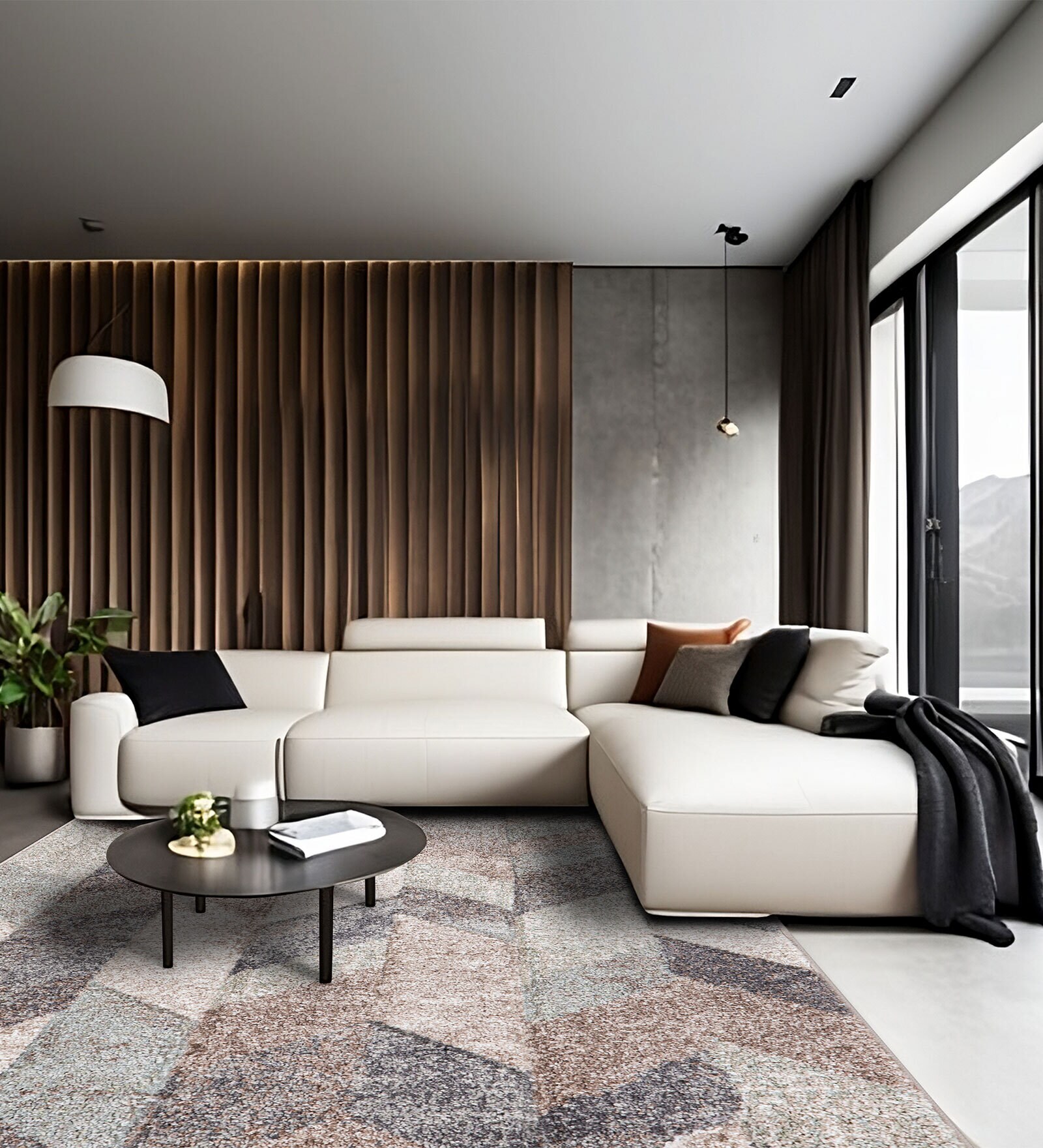 Cream Abstract Wool 5 ft X 7 ft Machine Made Carpet