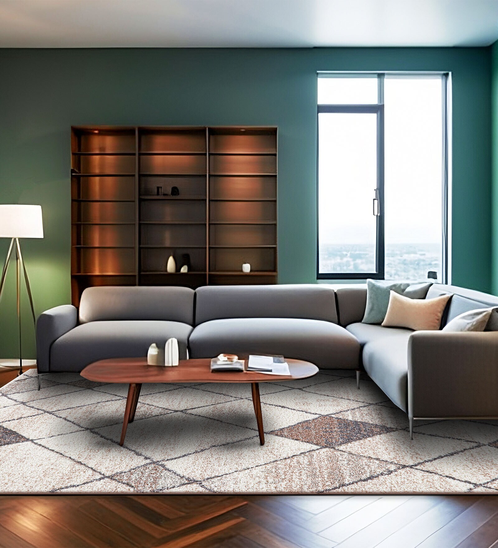 Cream Geometric Wool 5 ft X 7 ft Machine Made Carpet