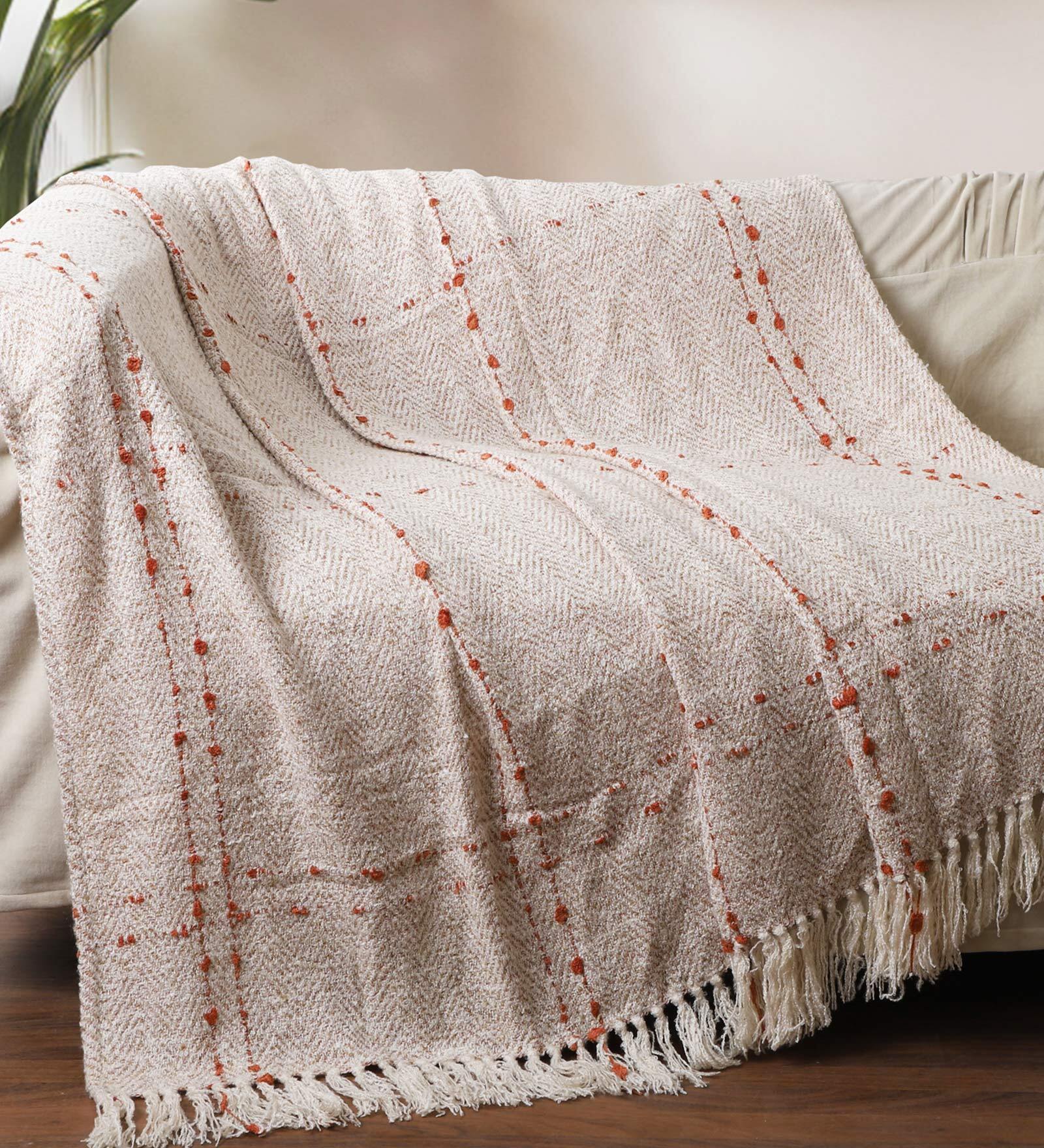 Cream Acrylic Striped 80x60 Inches Sofa Throw
