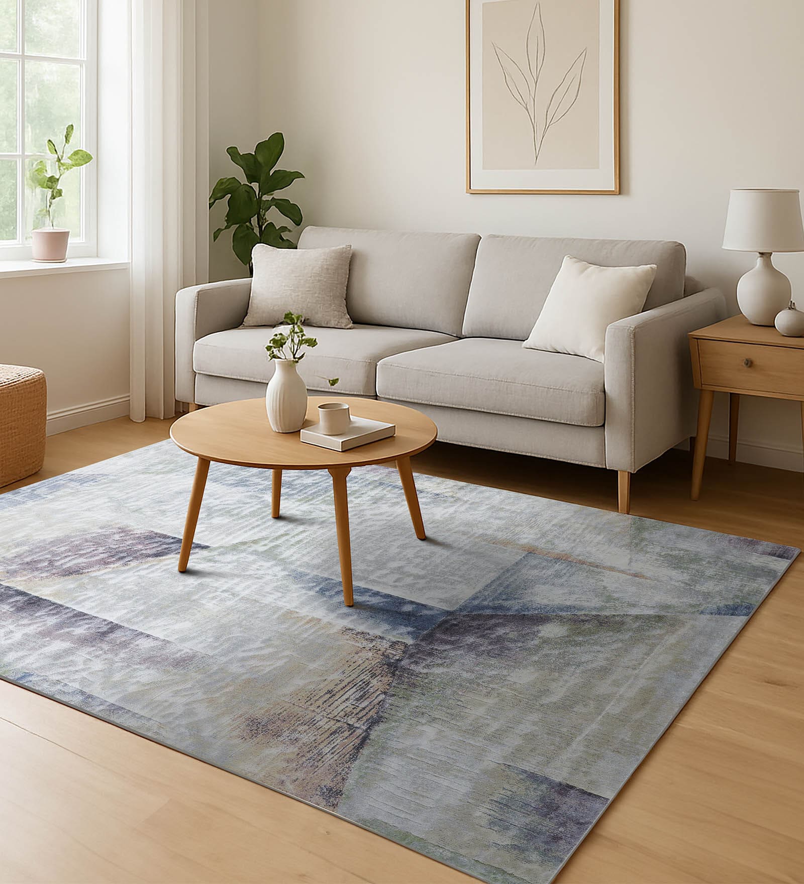 Cream and Blue Abstract 3x5 Feet Machine Made Carpet