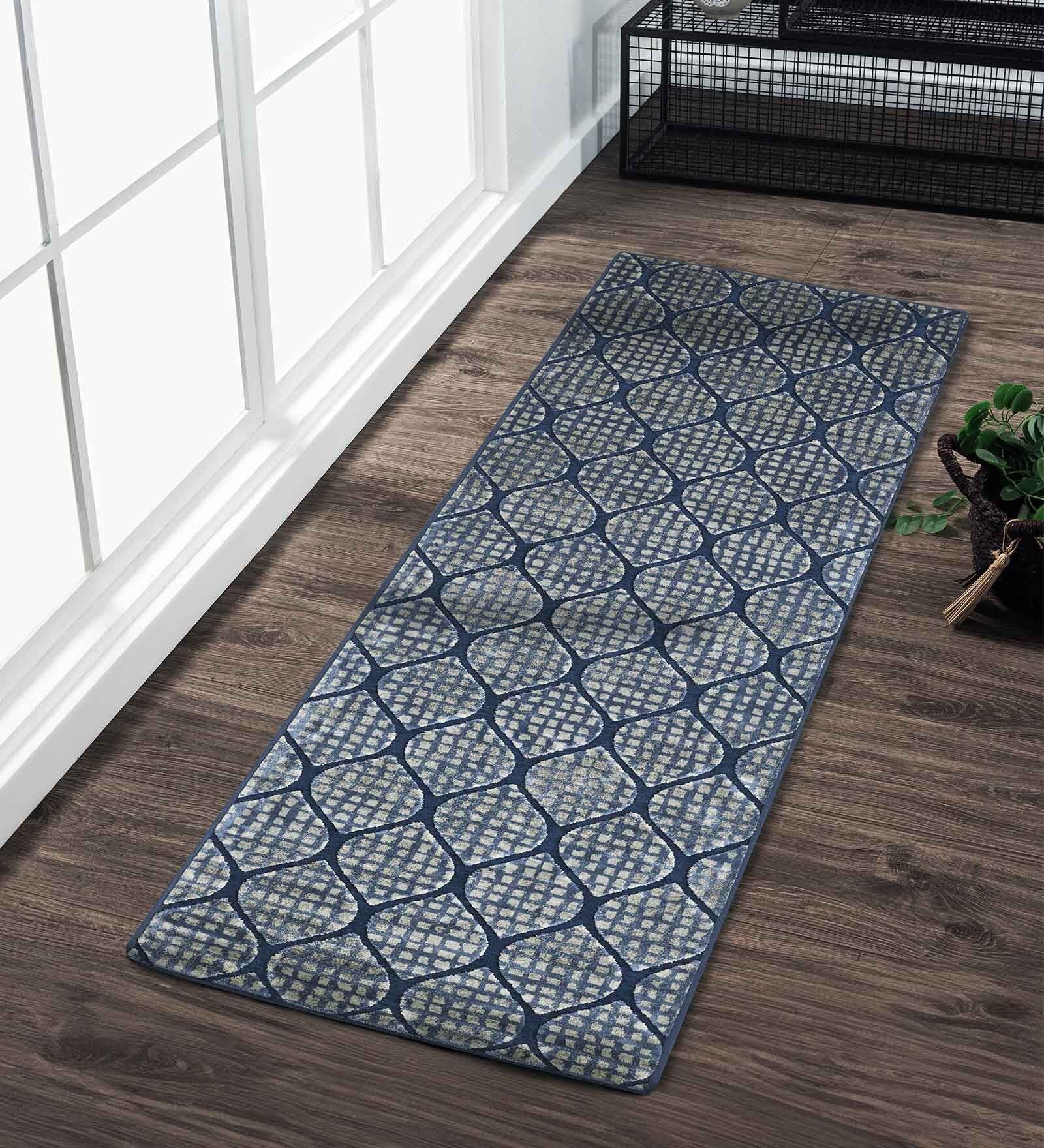 Cream and Blue Moroccan 2x7 Feet Machine Made Runner