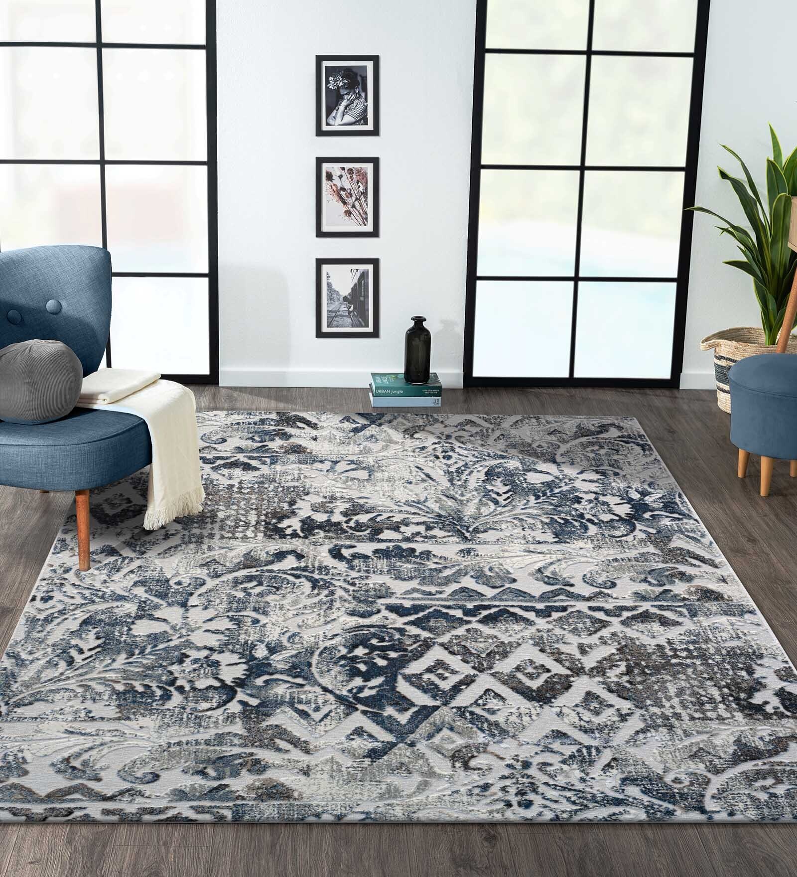 Cream and Blue Persian 3x5 Feet Machine Made Carpet