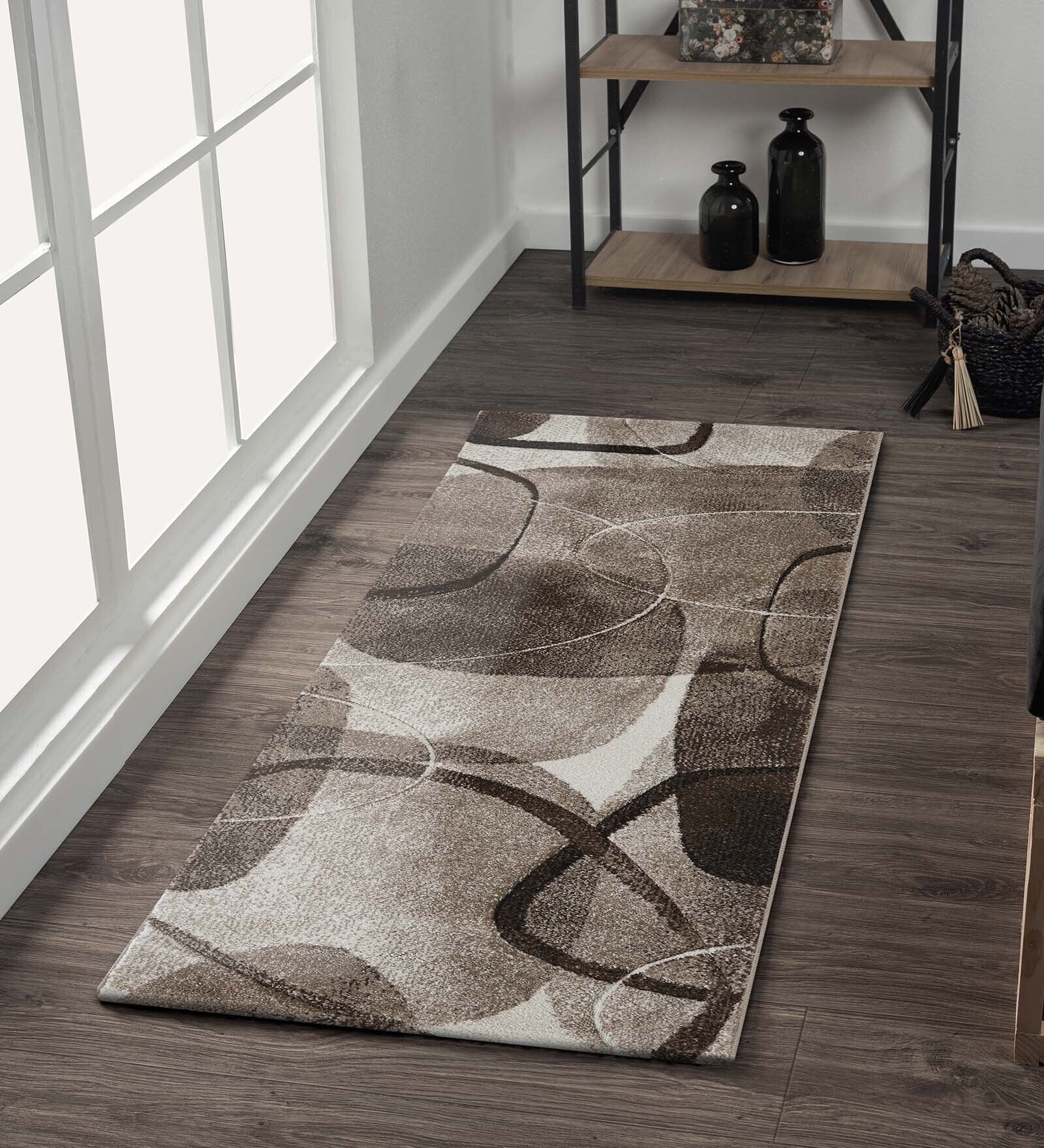 Cream and Brown Abstract Polypropylene 5 ft x 2.5 ft Machine Made Runner