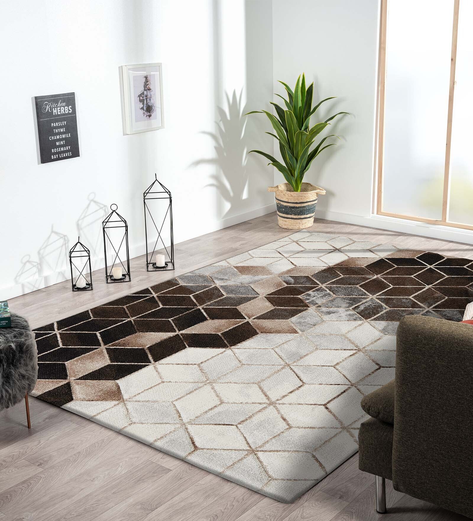 Cream and Brown Geometrical Polypropylene 6 ft x 4 ft Machine Made Carpet