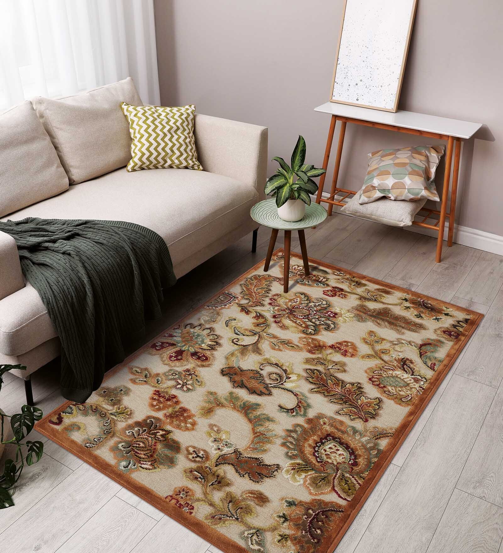 Cream and Brown Neo Persian 3x5 Feet Machine Made Carpet