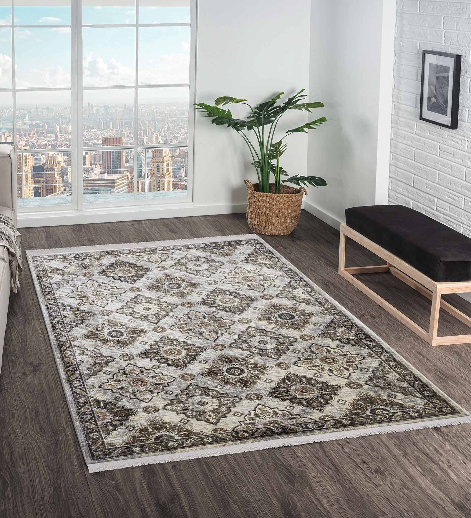 Cream and Brown Persian 5x7 Feet Machine Made Carpet