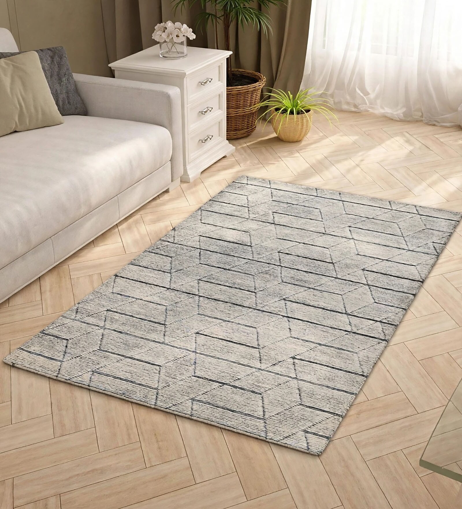 Grey 3D Geometric Wool And Cotton 5 X 8 Ft Hand Tufted Carpet