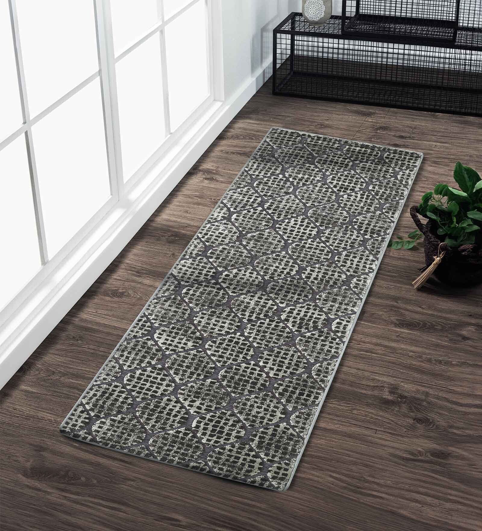 Cream and Grey Moroccan 2x7 Feet Machine Made Runner